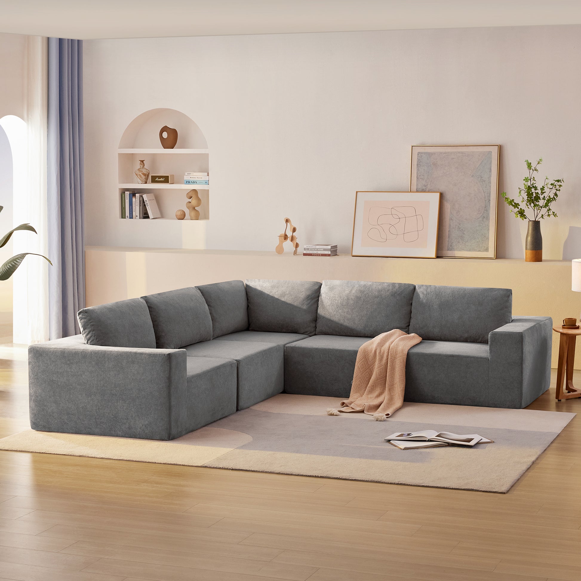 116*116" Modular L Shaped Sectional Sofa,Luxury Floor Couch Set,Upholstered Indoor Furniture,Foam Filled Sleeper Sofa Bed For Living Room,Bedroom,5 Pc Free Combination,3 Colors Gray Fabric 5 Seat