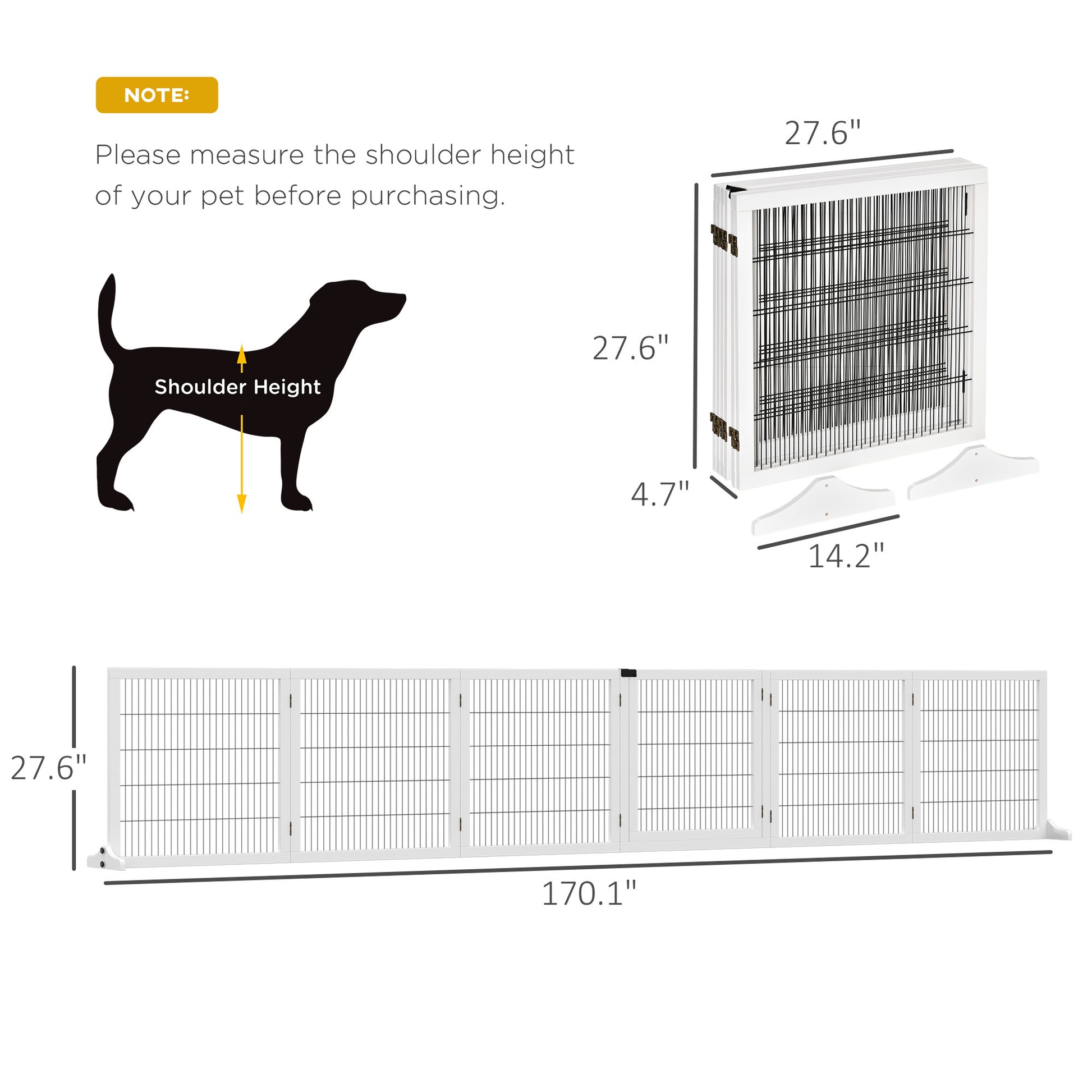 Pawhut Wooden Dog Gate, 170" Freestanding Pet Gate, 6 Panel Foldable Dog Safety Barrier With 2 Support Feet For House Doorway Stairs, Small And Medium Dogs, White White Wood