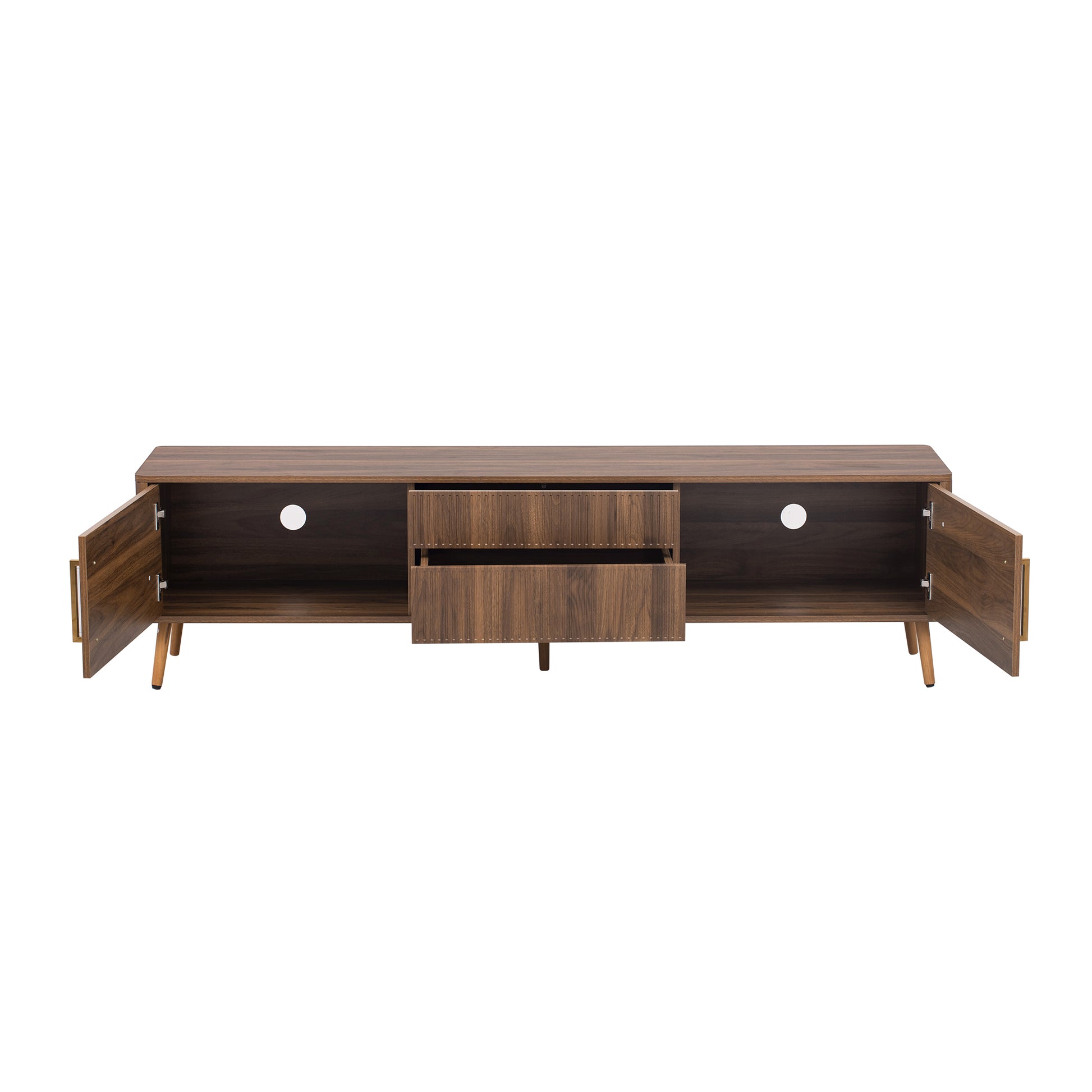 Mid Century Tv Stand With 2 Drawers, Media Console Table For Tvs Up To 80'', Entertainment Center With Storage For Living Room, Bedroom, Home Theatre Walnut Primary Living Space 70 79 Inches 70 79