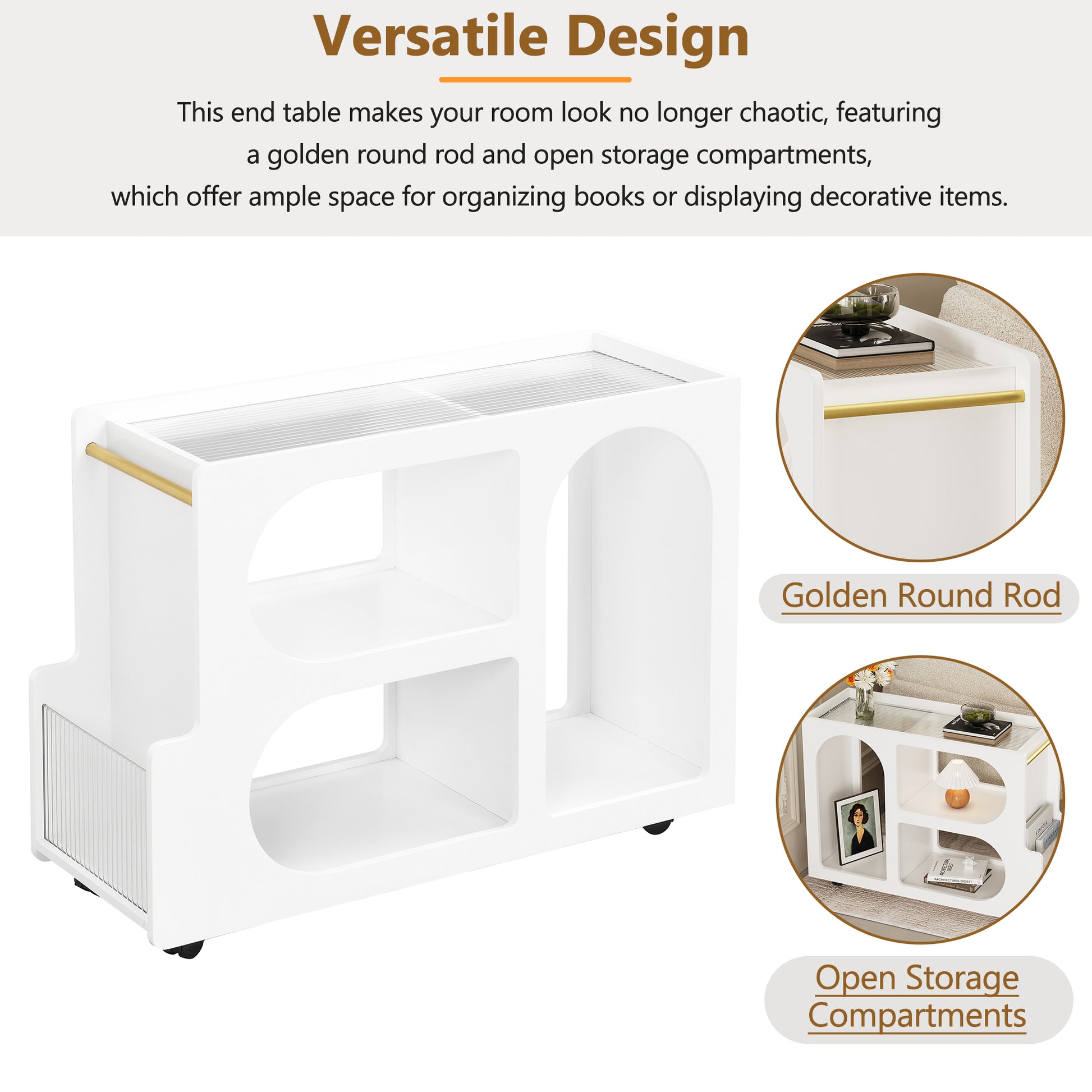 Mobile End Table With Lockable Wheels, Narrow Coffee Table With 5Mm Thick Fluted Tempered Glass, Modern Nightstand With Golden Round Rod, Living Room, White, 31.5''W X11.8''D X 23.1''H White Primary Living Space Mdf