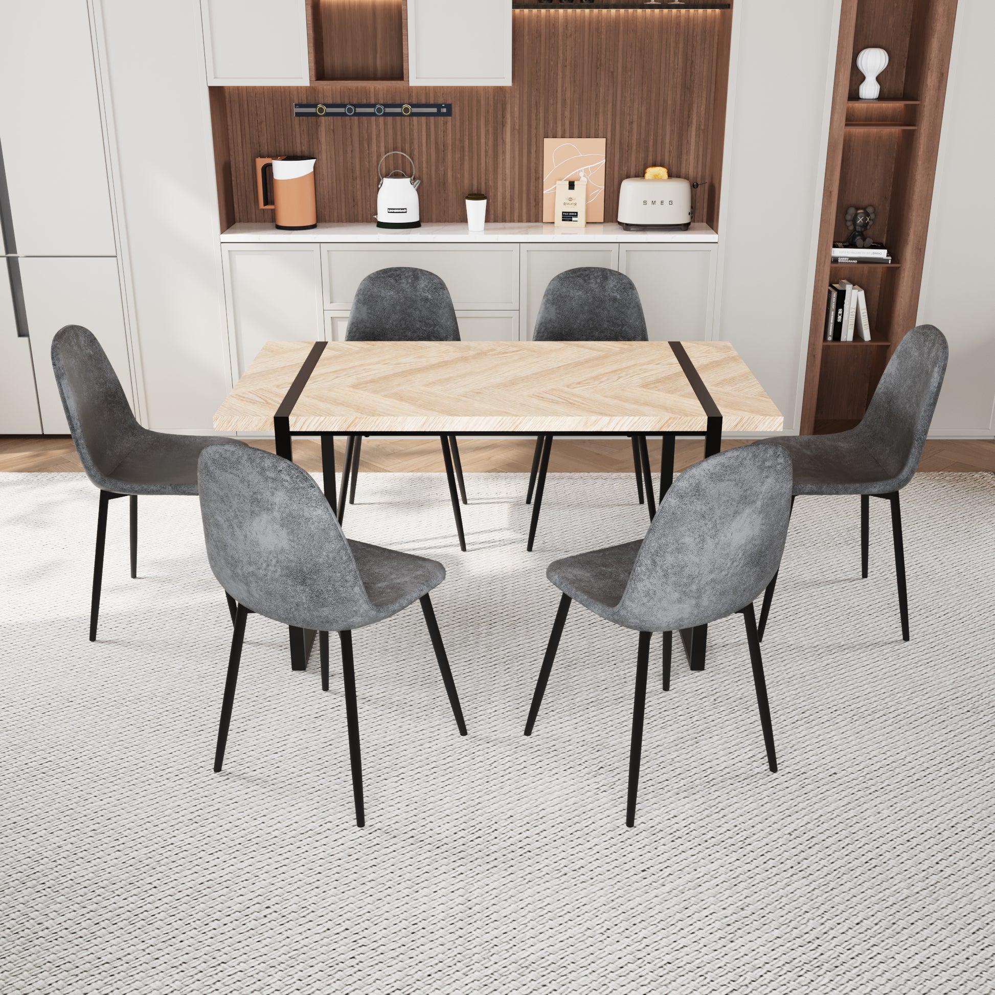 Mdf Light Wood Dining Table And Modern Dining Chair Set Of 8 Pieces, Medieval Wooden Kitchen Dining Table Set, Black Metal Base, Dining Table And Suede Chair Set Buy 6 Chairs And Get 2 Free Grey