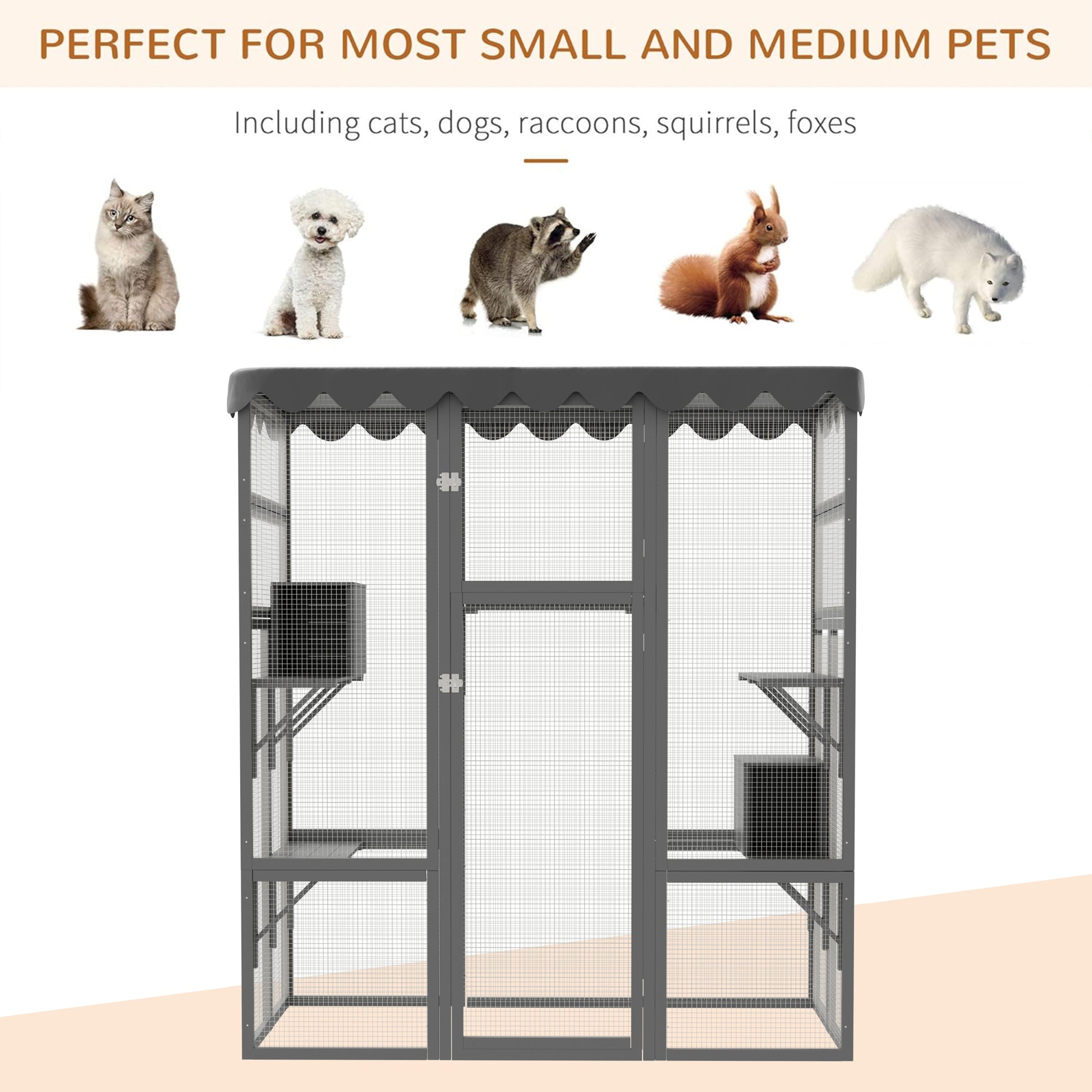 Outdoor Cat House Big Catio Wooden Feral Cat Shelter Enclosure With Large Spacious Interior, 6 High Ledges, Weather Protection Asphalt Roof Grey Wood