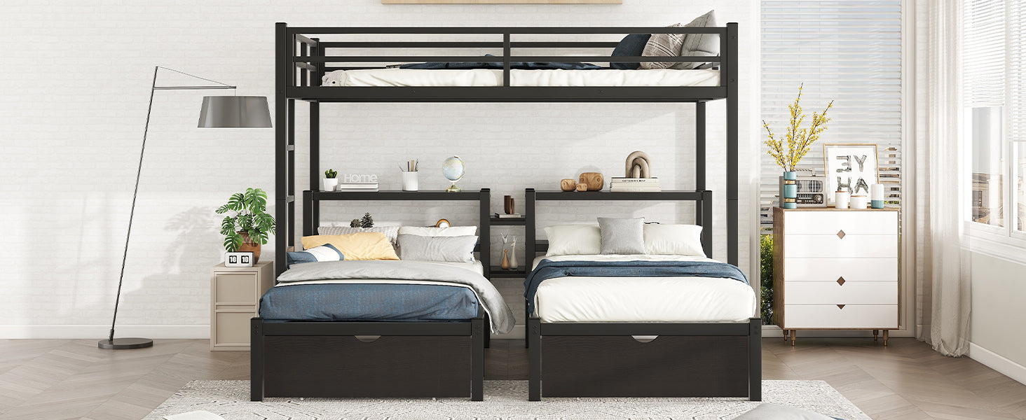 Full Xl Over Twin & Twin Triple Bunk Bed With Drawers,Multi Functional Metal Frame Bed, Bed Head With Shelving, Black Full Xl Black Metal