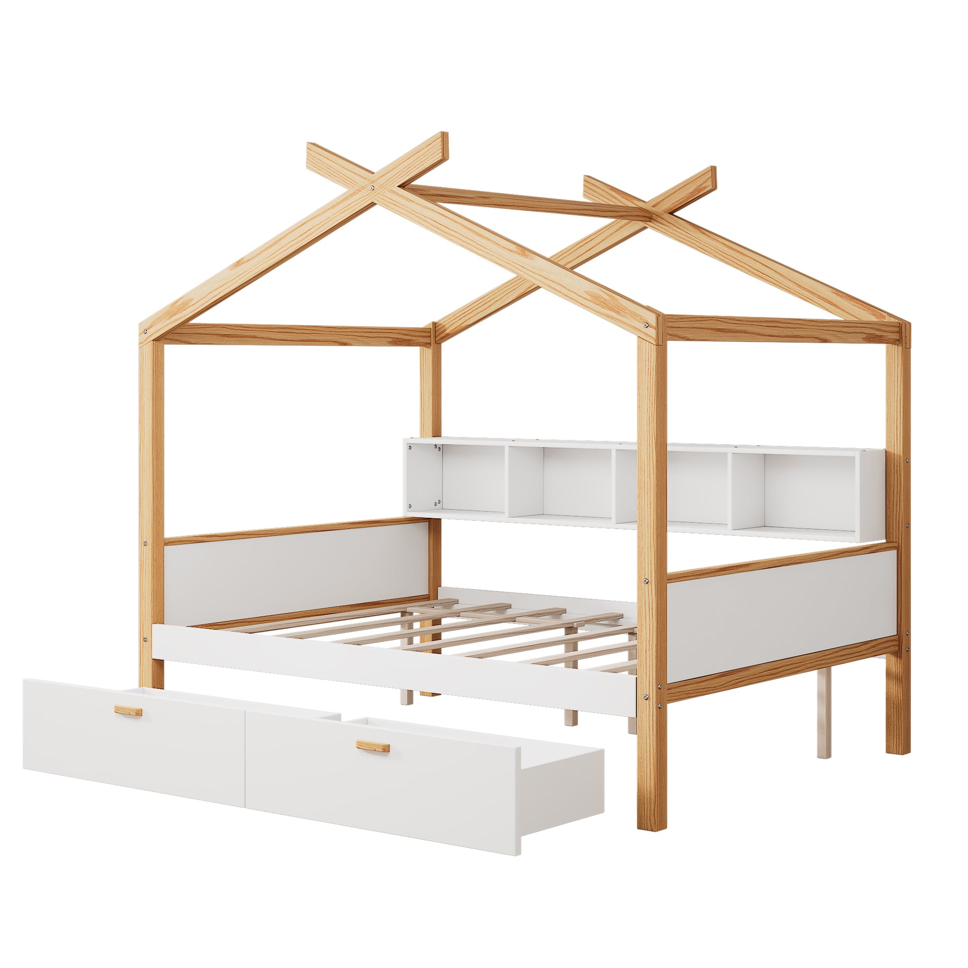 White Full Size Wooden House Bed Original Wood Colored Frame With Two Drawers And Bookshelf Storage Space For Children Or Guest Room Full White Wood