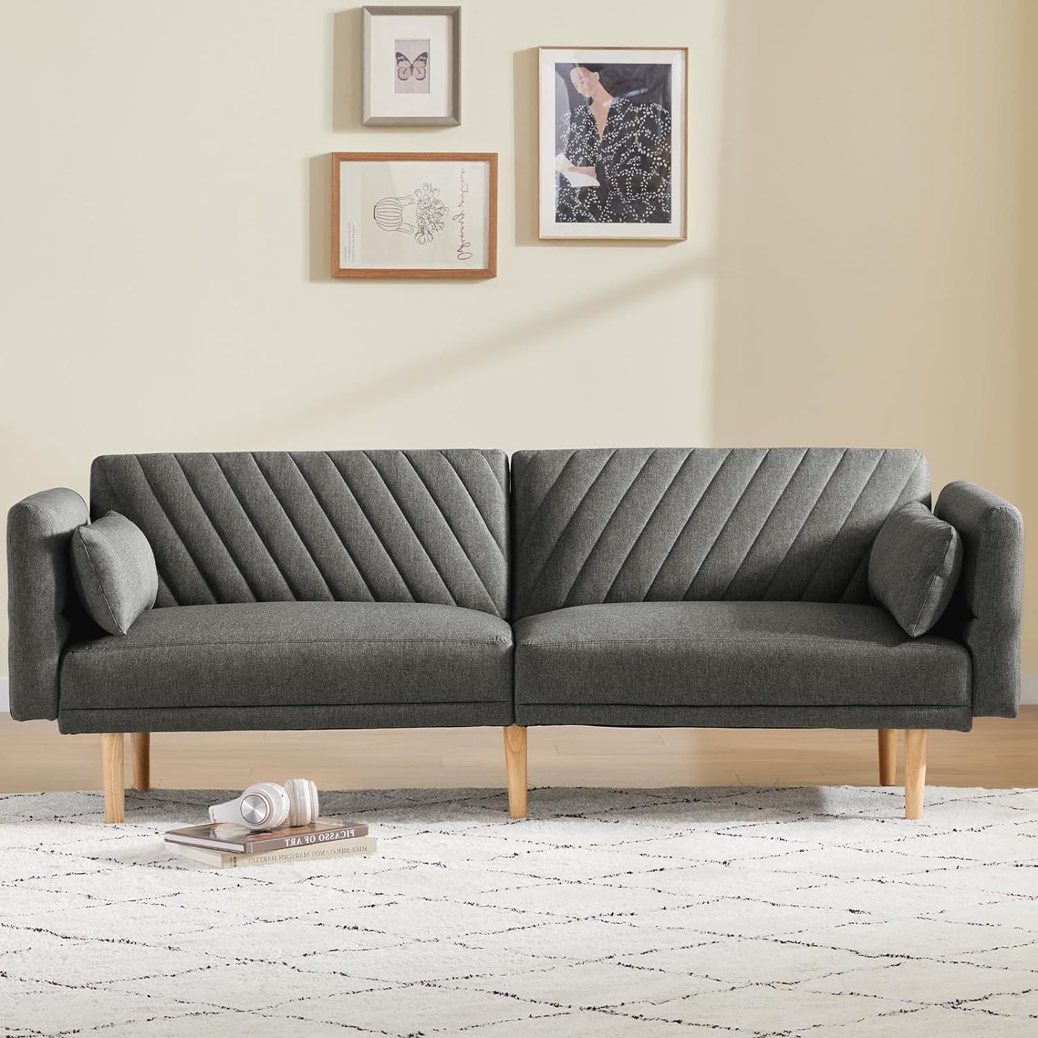 78'' Fabric Futon Sofa Bed, Convertible Sleeper Bed With Adjustable Armrests And Backrest, Loveseat Sleeper Couch Bed With 2 Pillows, Modern Futon Couches For Living Room, Dark Gray Brown Wood Bedroom Heavy Duty Oak 2 Seat Light Gray Velvet Soft Cushion