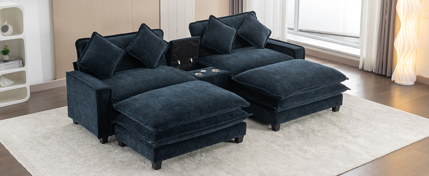 112.6" Sectional Sofa Chenille Upholstered Sofa With Two Removable Ottoman, Two Usb Ports, Two Cup Holders And Large Storage Box For Living Room, Blue Blue Foam Chenille 2 Seat