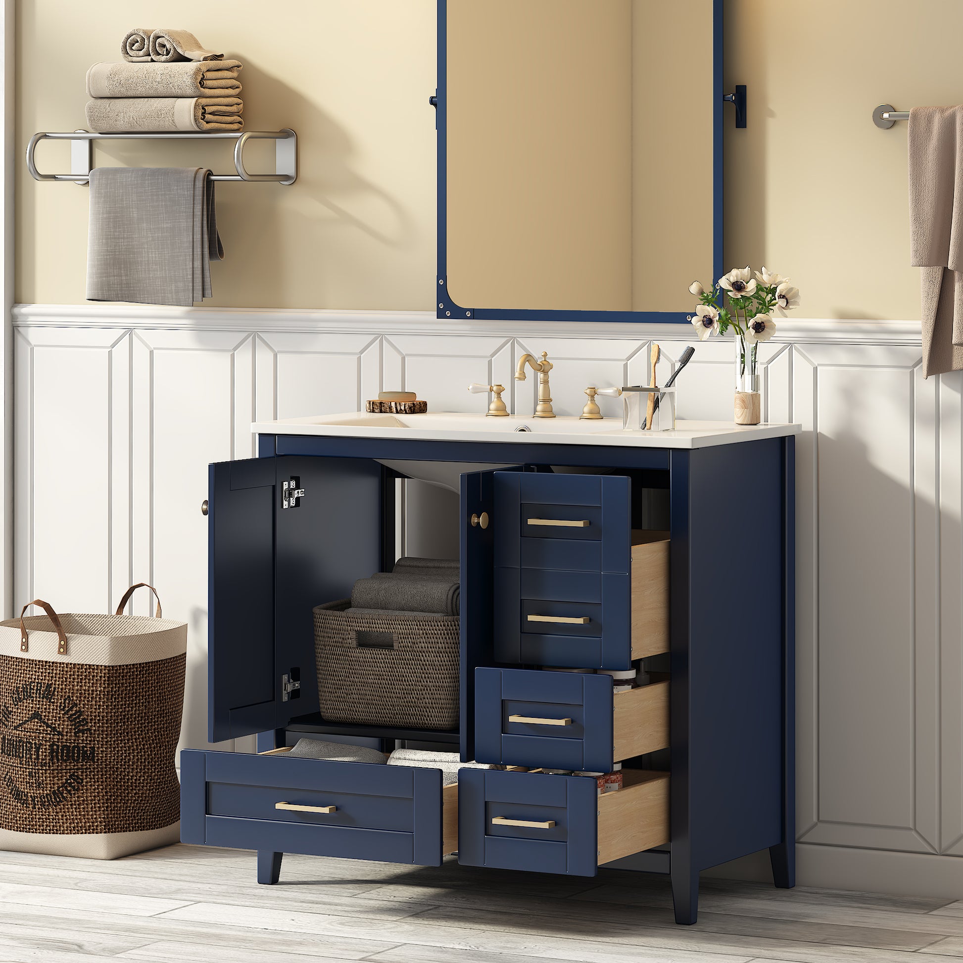 36'' Bathroom Vanity With Sink Combo Set, Modern Bathroom Cabinet With 4 Drawers, Freestanding Wood Bathroom Vanity Set With Solid Wood Feet, Blue 4 Blue 2 Adjustable Hinges Bathroom Freestanding Modern Solid Wood Mdf Resin Painted