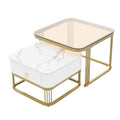 Nesting Coffee Table With Drawer, Set Of 2, Exquisite Square Stacking Coffee Tables With Brown Tempered Glass, Side Table With High Gloss Marble Grain Tabletop For Living Room, White White Gold Primary Living Space Drawers Square Mdf Steel