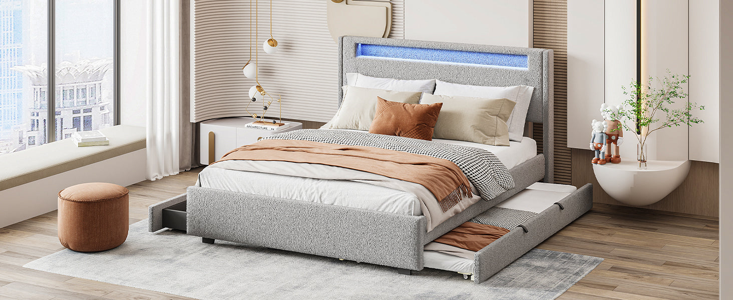 Queen Size Upholstered Platform Bed With Led Frame, With Twin Xl Size Trundle And 2 Drawers, Teddy Fleece, Gray Gray Fleece