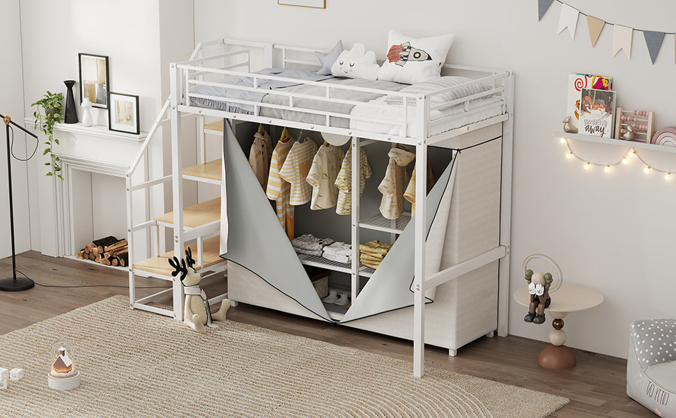 Twin Size Metal Loft Bed With Wardrobe And Storage Shelves, White Box Spring Not Required Twin White Metal Mdf Metal