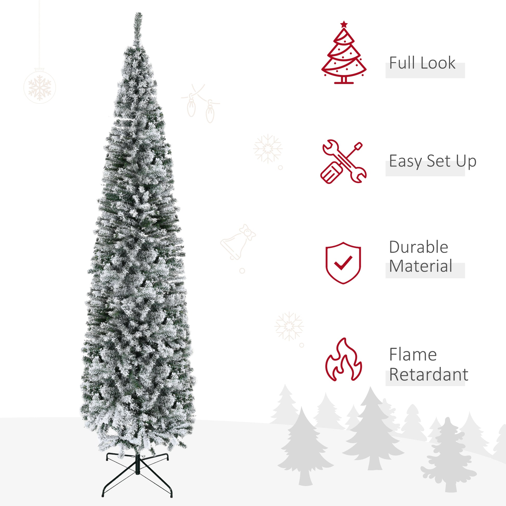 Homcom 9' Tall Unlit Snow Flocked Slim Artificial Christmas Tree With Realistic Branches And 1014 Tips Green Pvc