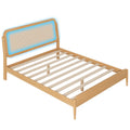 Queen Size Wood Storage Platform Bed With Led Light, Rattan Headboard, Nature Box Spring Not Required Queen Antique Natural Wood Bedroom Bed Frame Wood Rattan