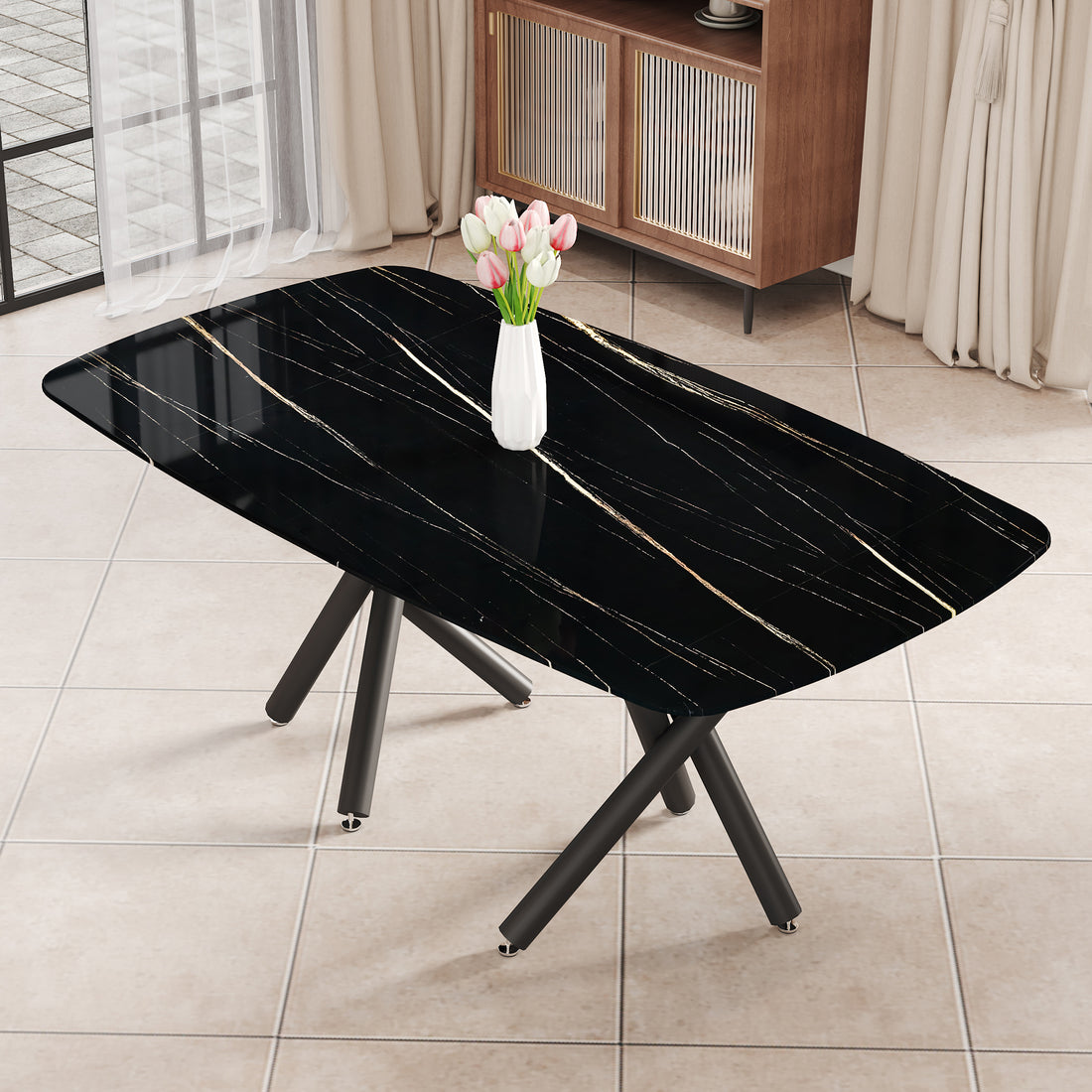 Large Modern Minimalist Rectangular Dining Table With 0.39 "Imitation Marble Black Tabletop And Black Metal Legs, Suitable For Kitchen, Dining Room, Living Room, Conference Room, And Banquet Hall 1537 Black Glass