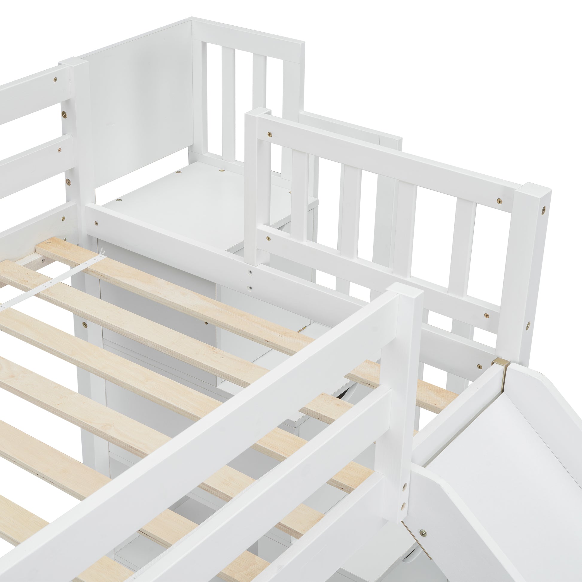 Twin Over Full Bunk Bed With Slide, Storage Staircase, Pine Solid Wooden Bunk Bed With Safety Guardrails,White White Pine