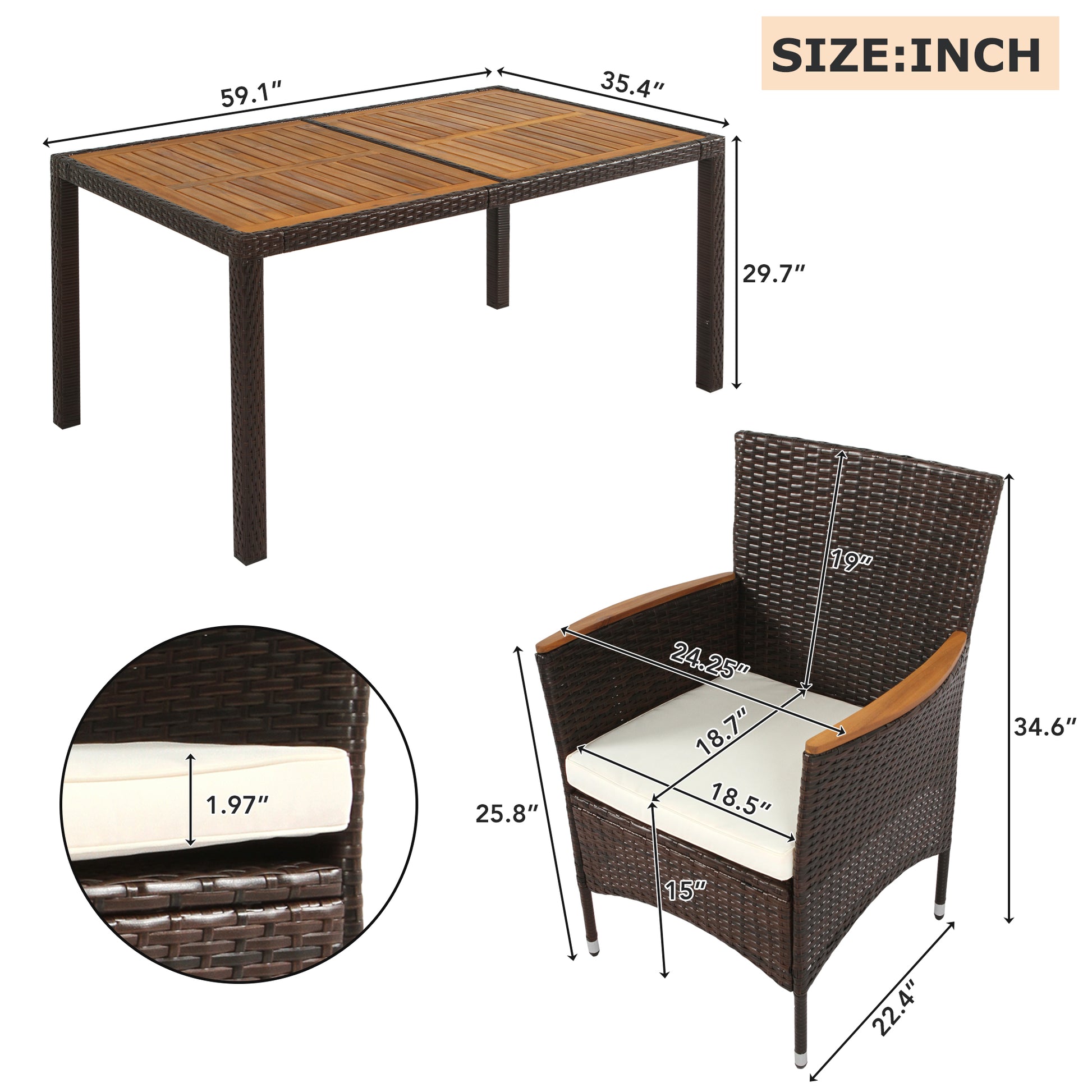 7 Piece Outdoor Patio Dining Set, Garden Pe Rattan Wicker Dining Table And Chairs Set, Acacia Wood Tabletop, Stackable Armrest Chairs With Cushions, Brown Yes Dining Set Brown Garden & Outdoor Multiple Chairs Seating Group Wicker Wicker