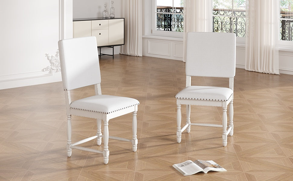 Vintage Traditional 2 Piece Upholstered Dining Chairs With Padded Backs, Cream Cream Dining Room Traditional Rubberwood Foam Rubber Wood