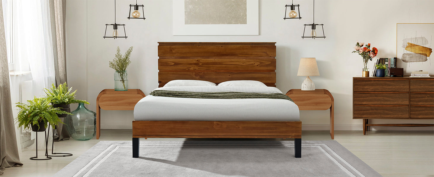 Mid Century Modern Solid Wood Bed Frame Full Size Platform Bed With Six Piece Headboard Design, No Box Spring Needed, Brown Full Brown Pine