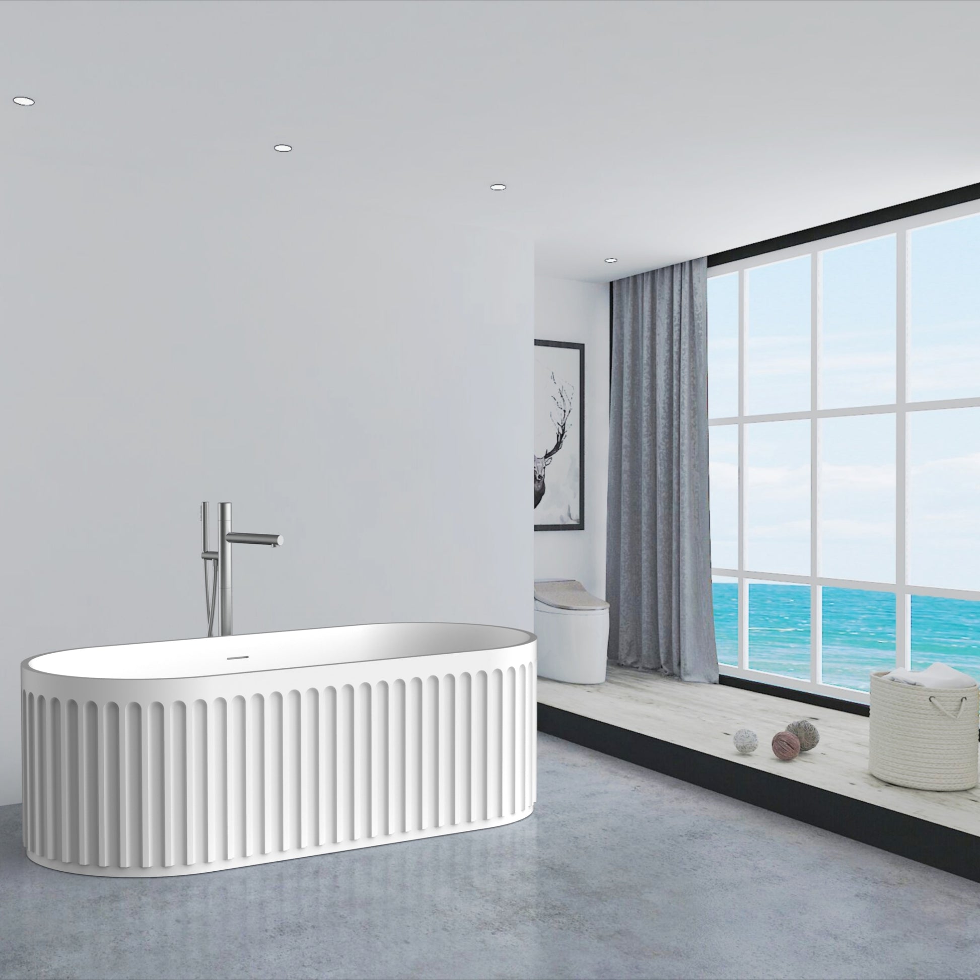 67" Freestanding Solid Surface Bathtub, Luxury Engineered Stone Resin Freestanding Soaking Bathtub With Overflow And Pop Up Drain Cupc Certified, Matte White 23S13 67 White Solid Surface