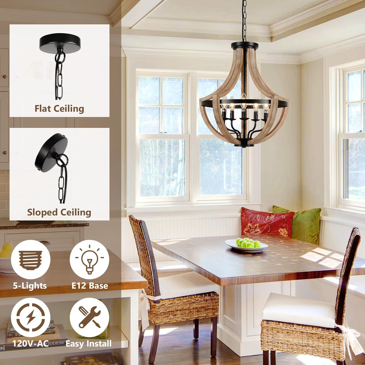 19" Farmhouse Chandelier Light Fixtures, 5 Light Dining Room Light Fixtures Over Table, Solid Wood Modern Chandeliers For Dining Room Living Room Kitchen Island Bedroom Foyer, Height Adjustable, Brown Wood Wood Metal