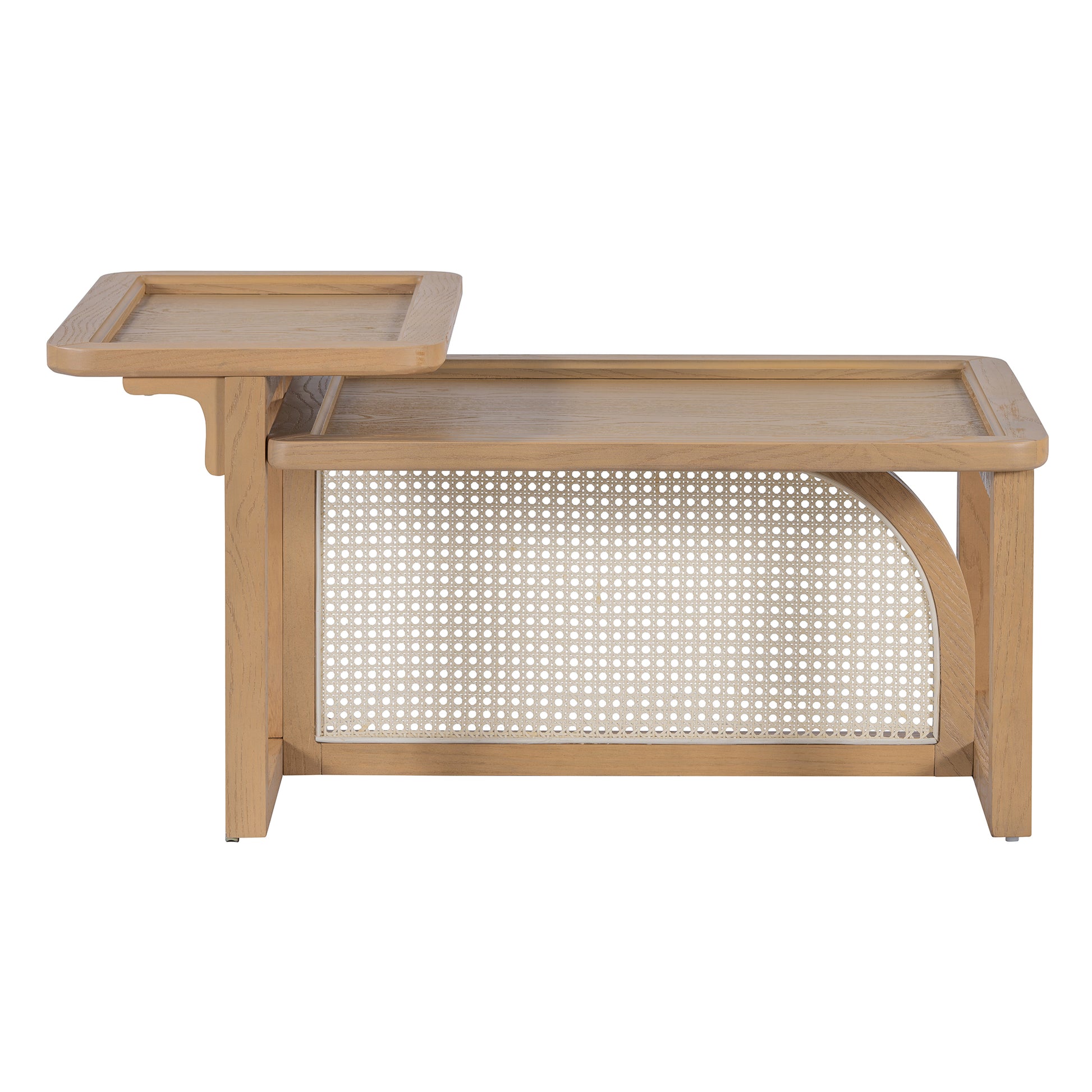 Modern 2 Piece Nesting Rattan Wood Mdf Coffee Table Set In Natural Natural Rubber Wood