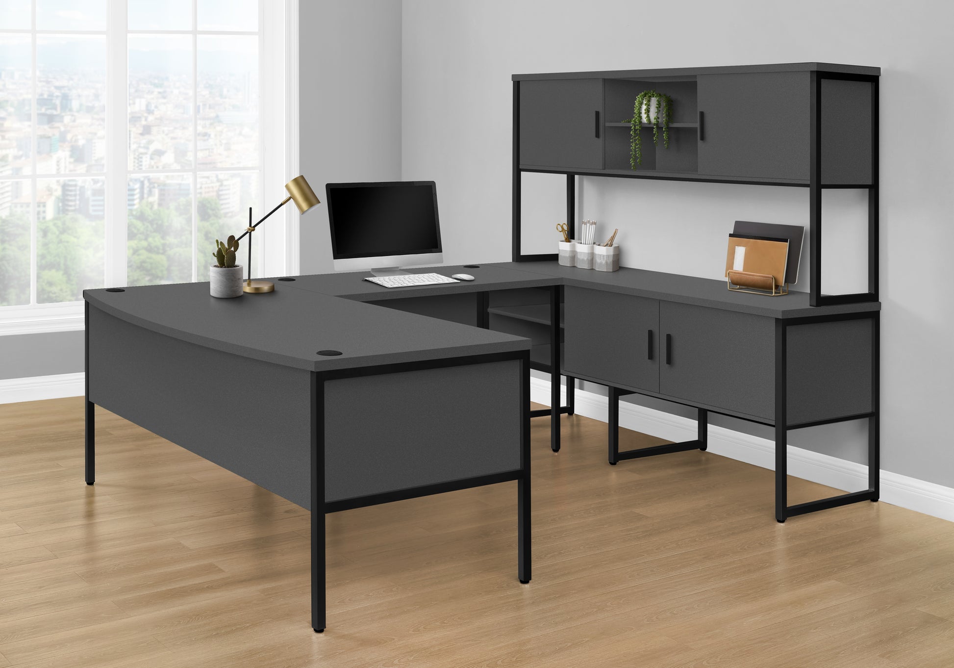 Computer Desk, 48"L, Work, Home Office, Commercial Grade, Grey Laminate, Black Metal, Contemporary, Modern Grey Particle Board