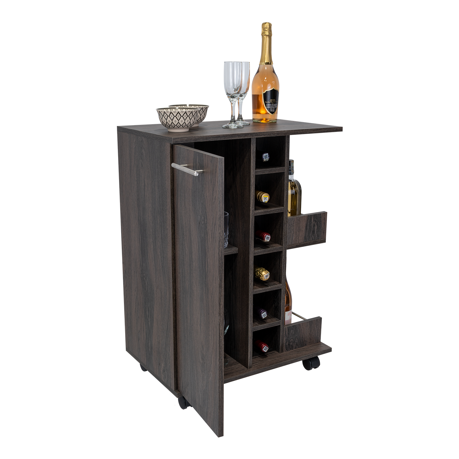 Bar Cart, Two External Shelves, Four Casters, Six Built In Wine Rack, Single Door Cabinet Espresso Brown Primary Living Space Particle Board Particle Board