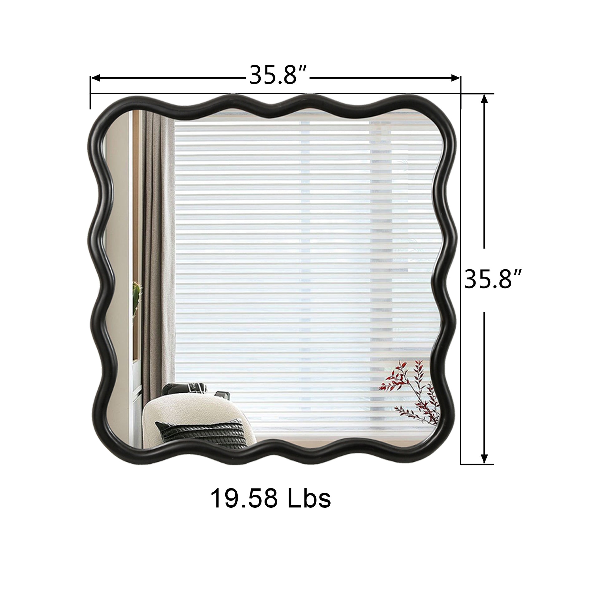 Solid Wood Wavy Square Mirror Black 36" X 36" Modern Mirror Wall Decor For Bathroom, Bedroom, Living Room, Dining Room, Cloakroom, Entryway Black Glass Solid Wood