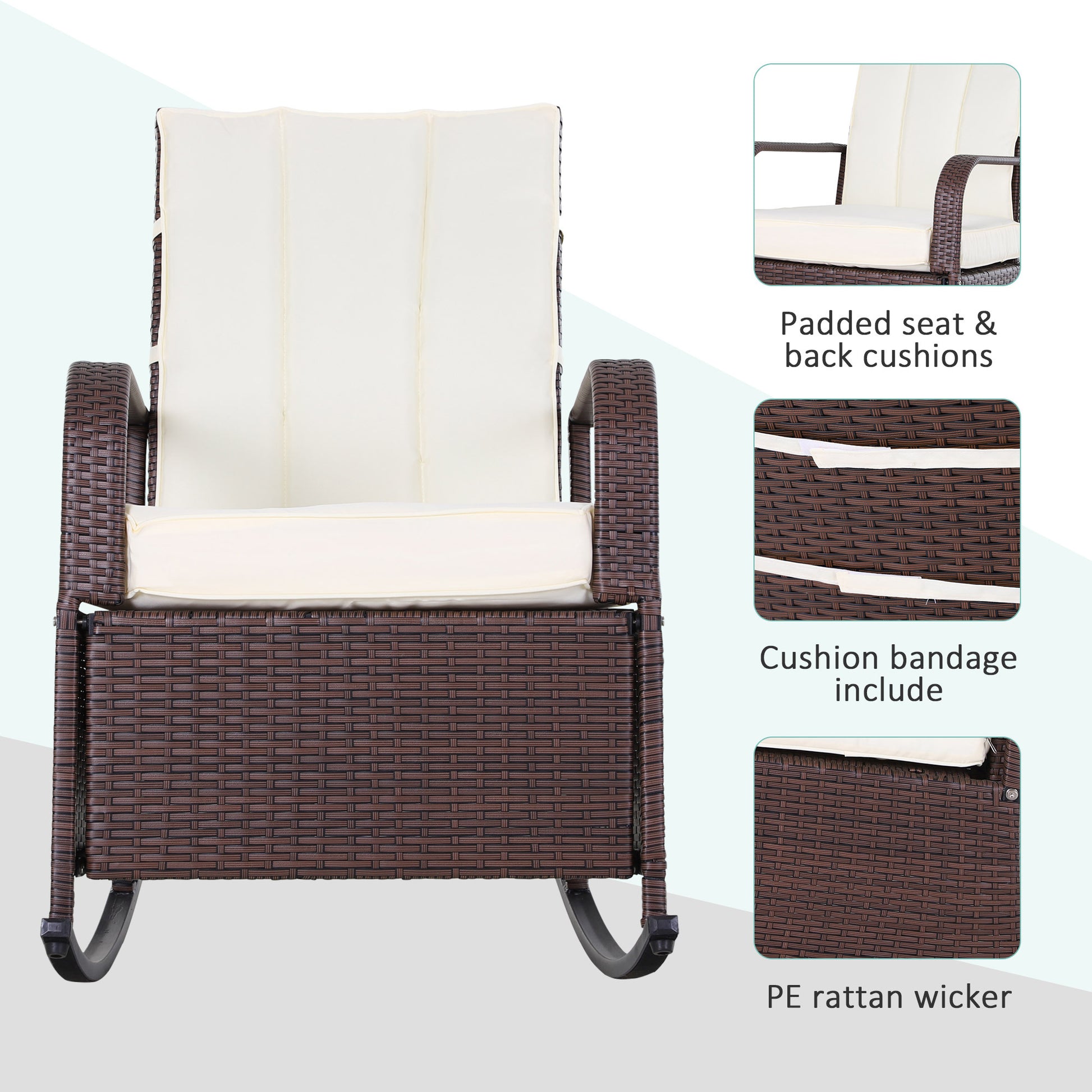 Outsunny Wicker Outdoor Rocking Chair, Patio Recliner With Adjustment Backrest, Pe Rattan Lounge Chair With Adjustable Footrest And Cushions For Garden, Backyard, Porch, Beige Brown Steel
