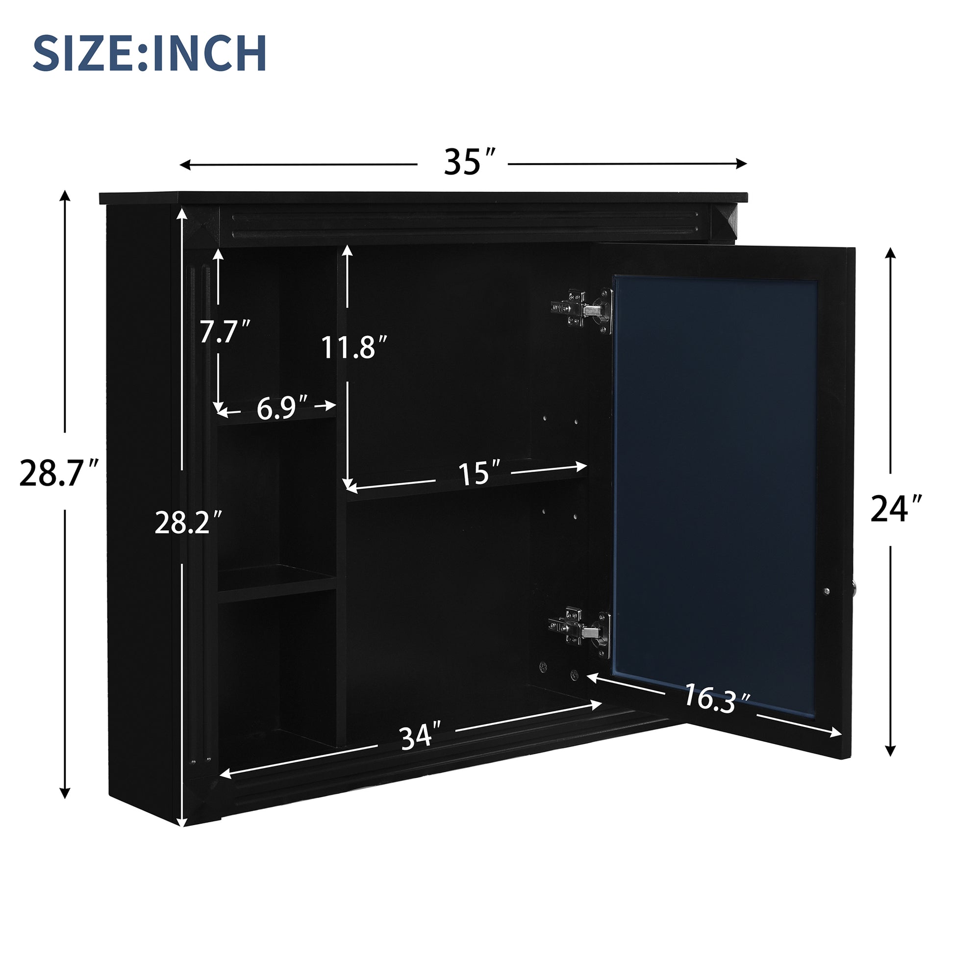 35'' X 28'' Wall Mounted Bathroom Storage Cabinet, Medicine Cabinet, Modern Bathroom Wall Cabinet With Mirror, Mirror Cabinet With 6 Open Shelves Not Include Bathroom Vanity Black 1 Mirror Included
