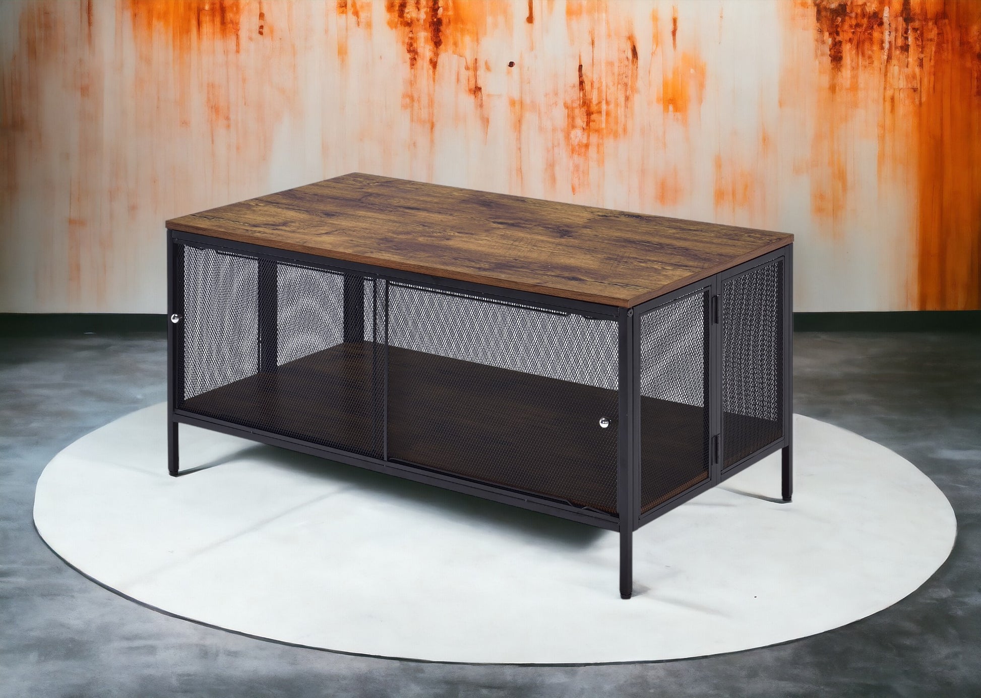 Winam Antique Oak & Black Finish Coffee Table Black,Oak Metal,Synthetic Wood