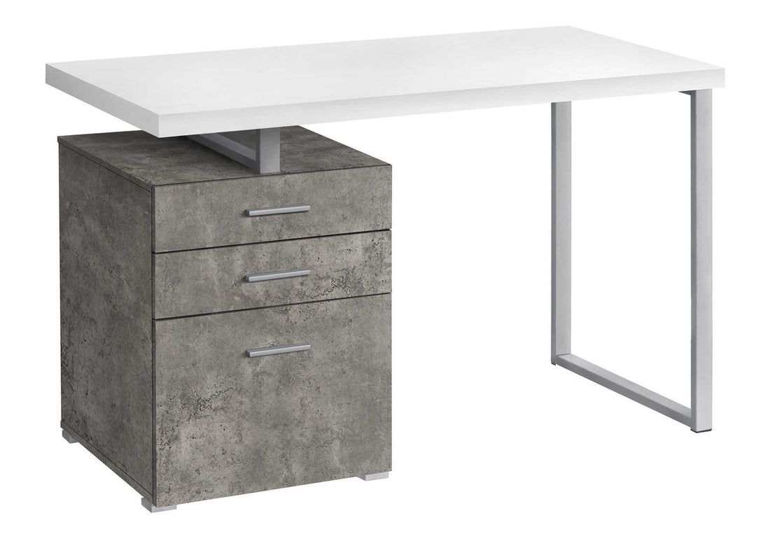 Computer Desk, Home Office, Laptop, Left, Right Set Up, Storage Drawers, 48"L, Work, White And Concrete Laminate, White Metal, Contemporary, Modern White Particle Board