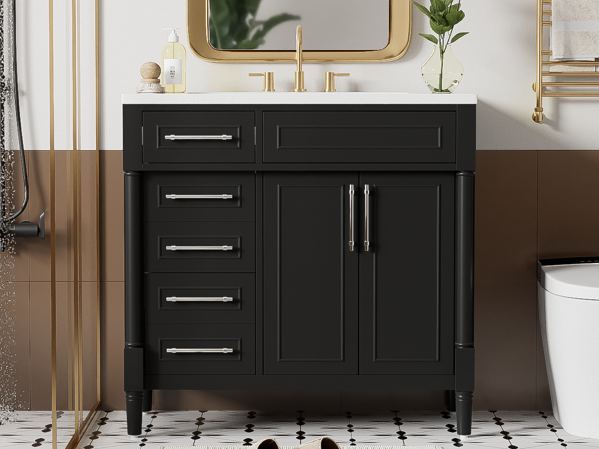 36'' Bathroom Vanity With Top Resin Sink, Freestanding Bathroom Storage Cabinet With 2 Drawers And A Tip Out Drawer, Solid Wood Frame Vanity Set, Height Adjustable Shelf 3 Black 2 2 Adjustable