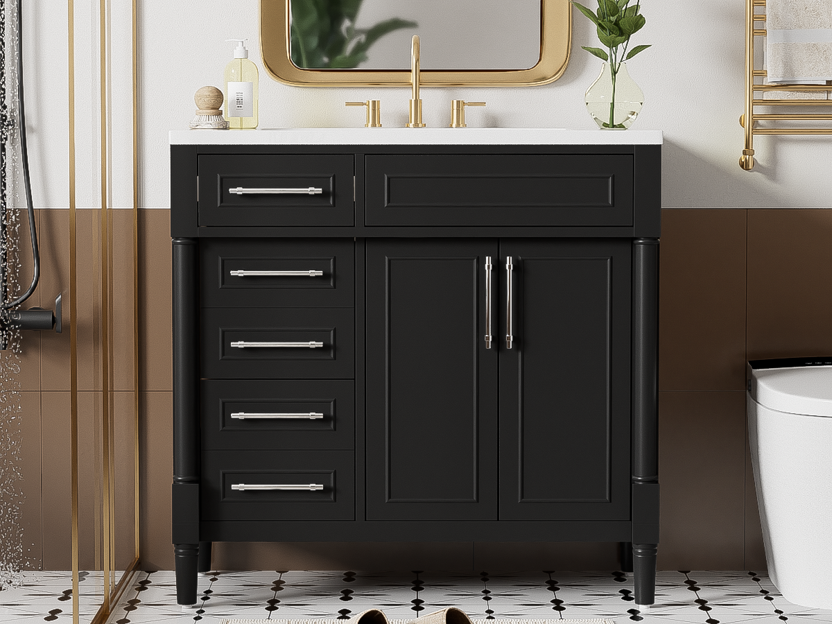 36'' Bathroom Vanity With Top Resin Sink, Freestanding Bathroom Storage Cabinet With 2 Drawers And A Tip Out Drawer, Solid Wood Frame Vanity Set, Height Adjustable Shelf Black Bathroom Solid Wood