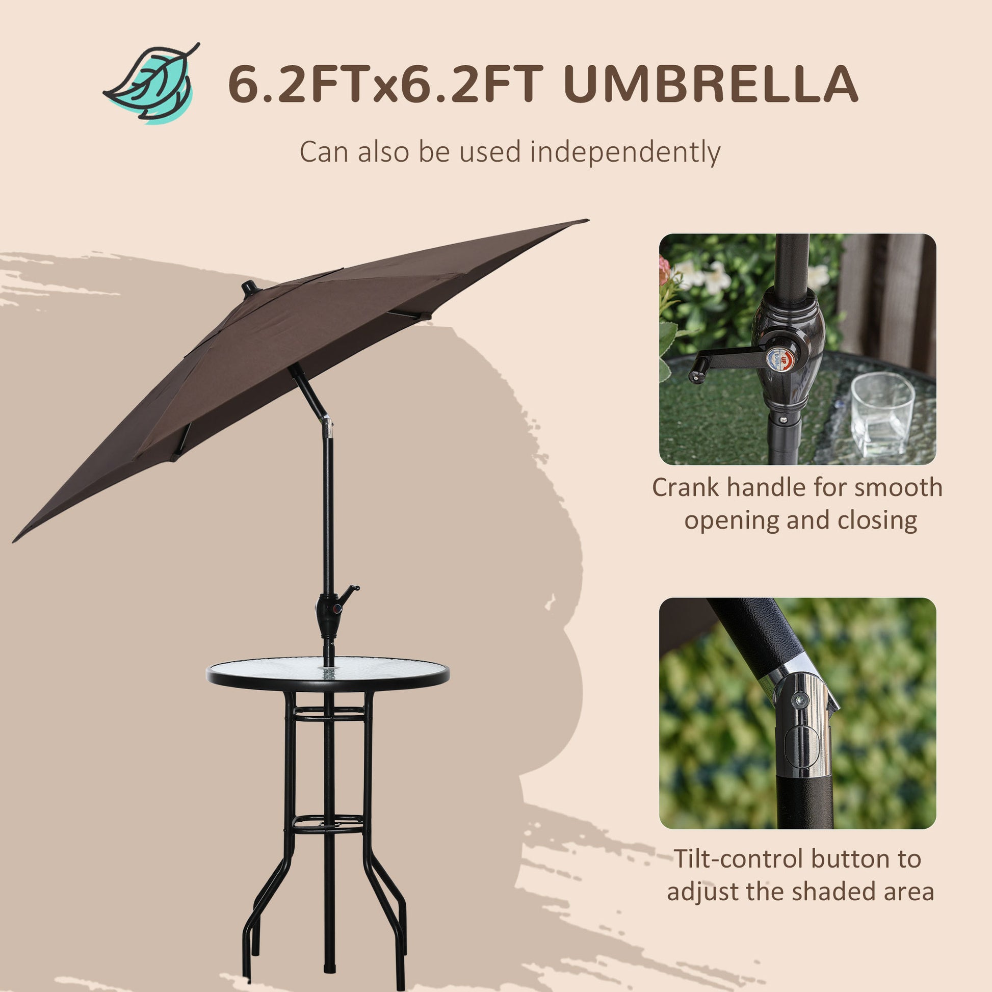 Outsunny 4 Piece Outdoor Patio Dining Furniture Set, 2 Folding Chairs, Adjustable Angle Umbrella, Wave Textured Tempered Glass Dinner Table, Beige Beige Steel