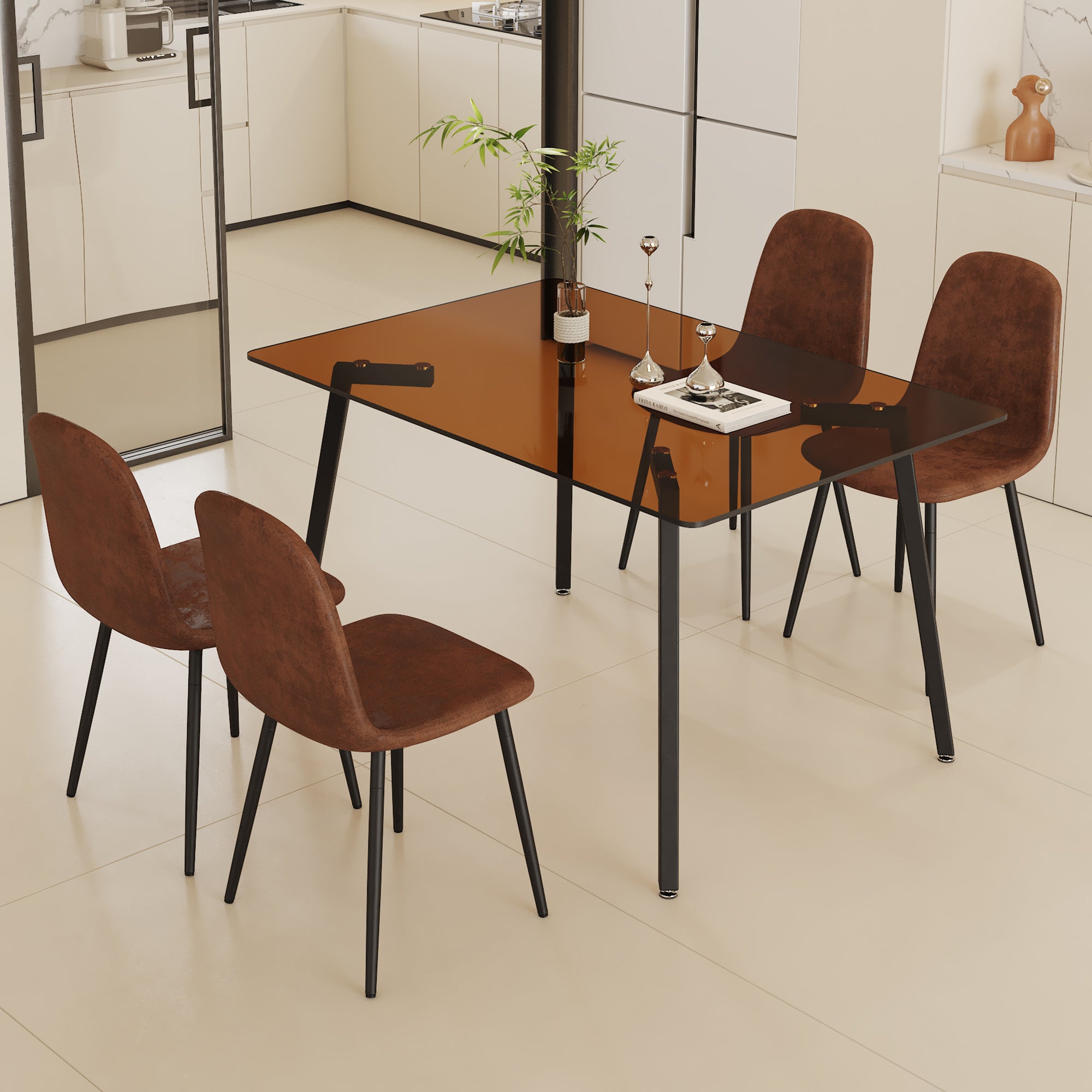 Table And Chair Set.Large Modern Rectangular Table With Brown Glass Top And Silver Metal Legs. Paired With 4 Brown Chairs With Soft Linen Fabric Cushions And Black Metal Legs. Brown,Silver Seats 4 Glass Metal