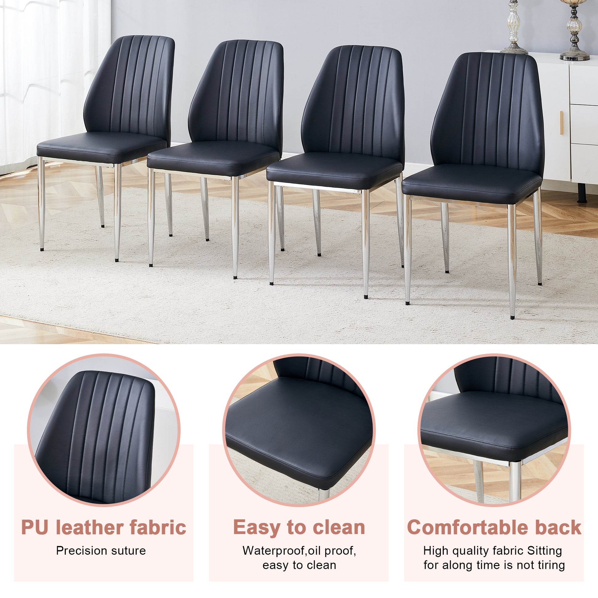 Set Of Four Black Pu Comfort Dining Chairs 17.7"X25" .Dining Chair With Extended Backrest,Black Pu,Silver Metal Legs,Suitable For Various Places Such As Family Restaurants, Hotels, Coffee Shops,Etc.