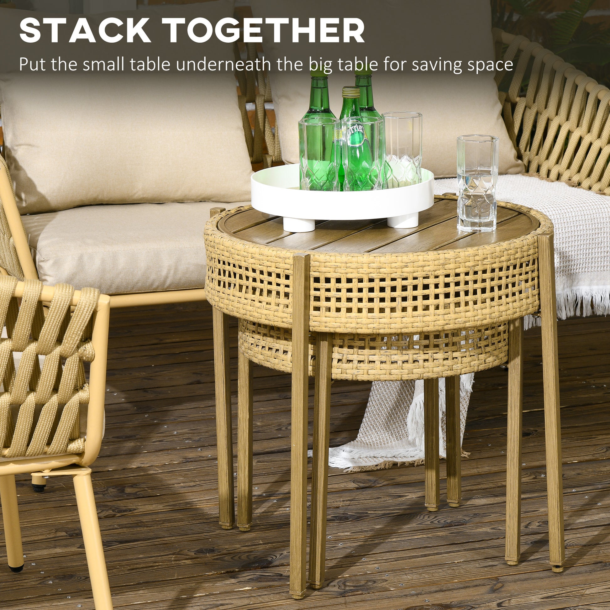 Outsunny 2 Piece Wicker Patio Table Set, Pe Rattan End Table Set, Outdoor Round Coffee Table Set, Multi Functional, Slatted Metal Top, Brown Brown Steel