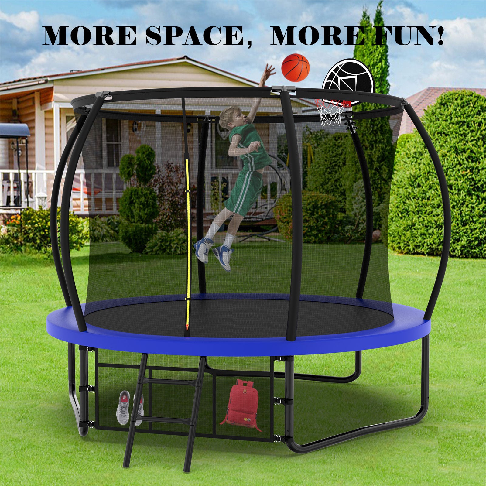 10Ft Pumpkin Trampoline, Outdoor Trampoline With Basketball Hoop, Enclosure Net And Ladder Blue Steel