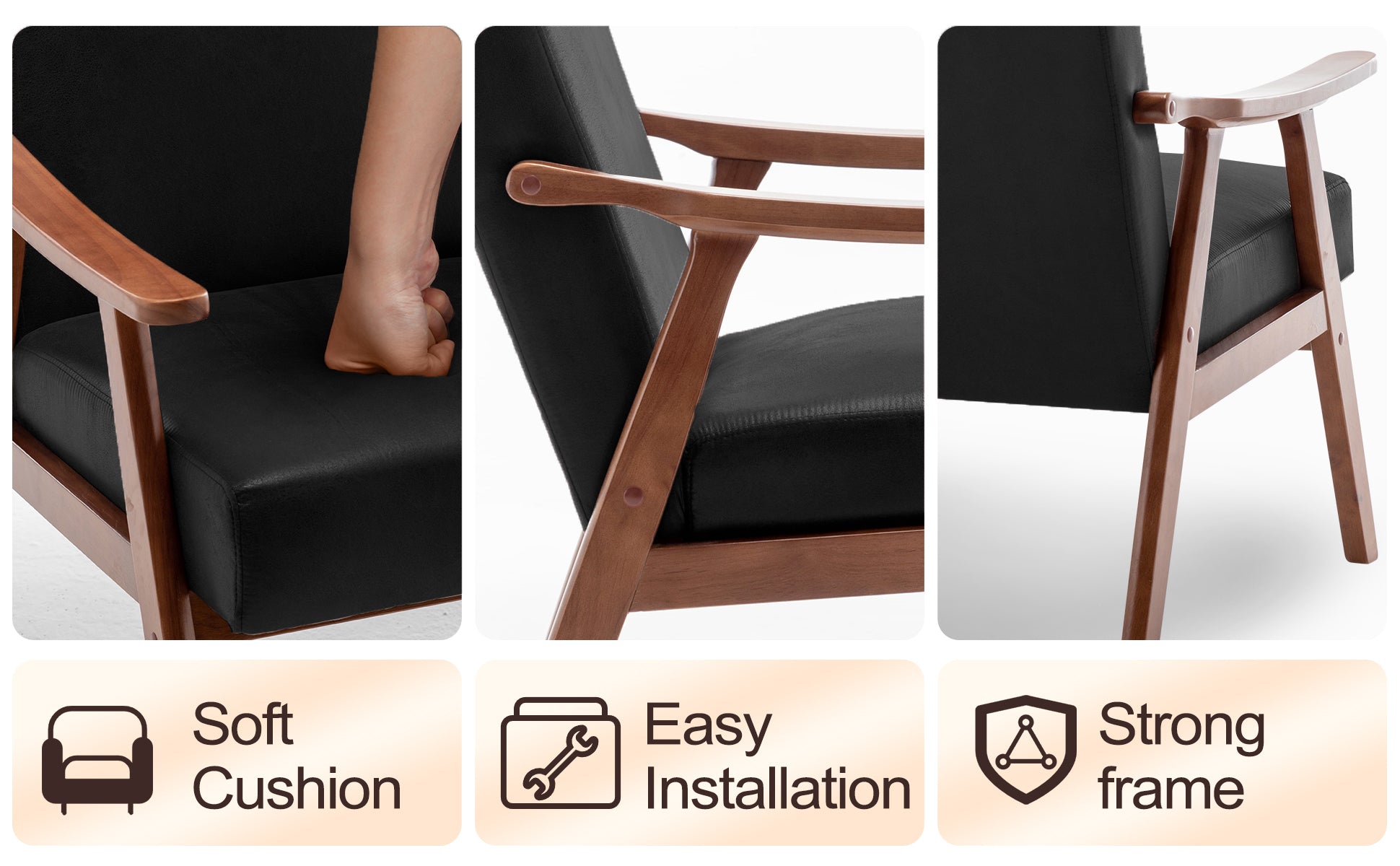 Mid Century Modern Chair, Living Room Chair With Solid Wood Frame, Accent Chair Extra Thick Backrest, Wingback Chair For Bedroom, Reading Room, Living Room, Lounge Chair Indoor Black Pu Primary Living Space Mid Century Modern Foam Pu Leather