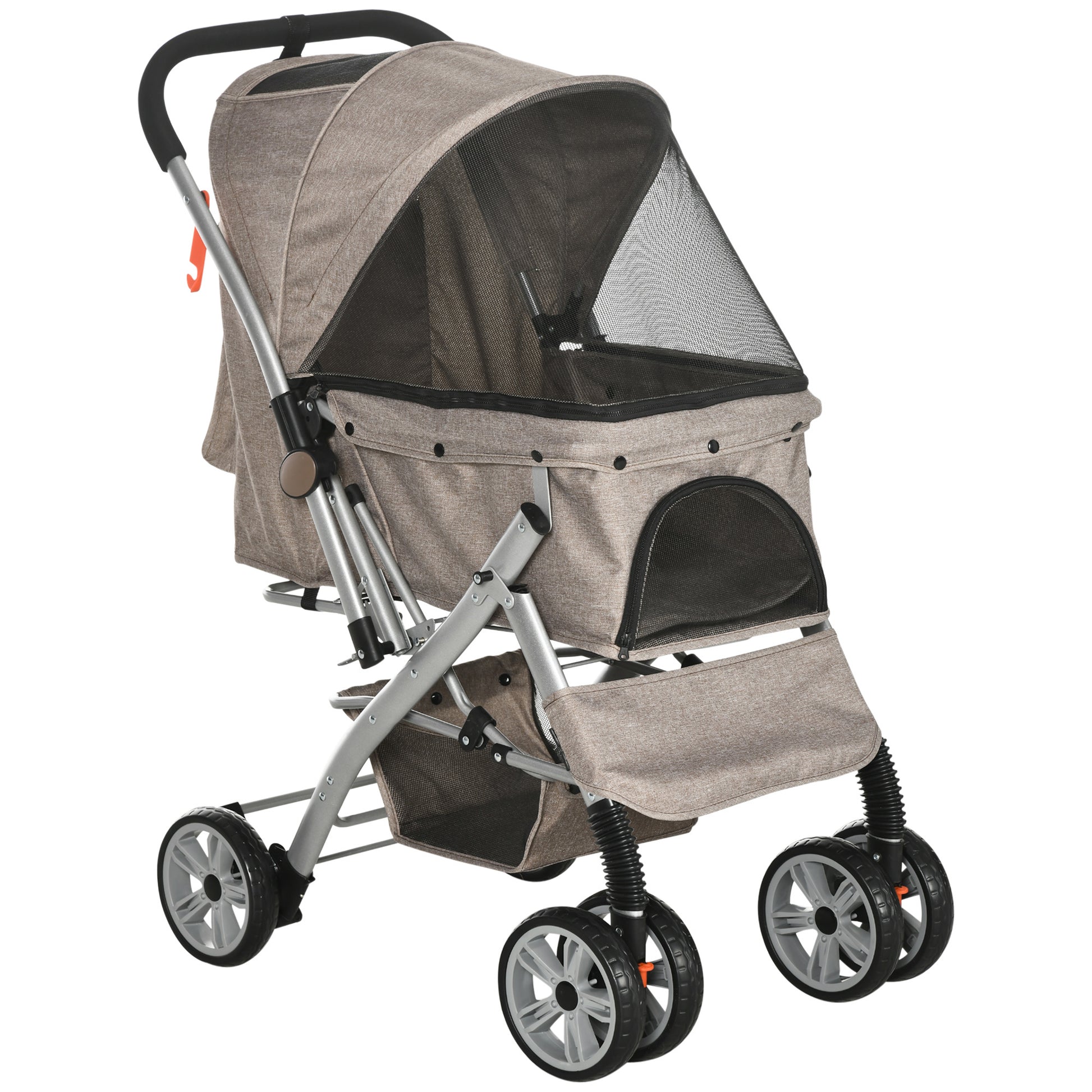 Pawhut Dog Stroller For Small Dogs Cats, 4 Wheels One Click Fold Pet Stroller With Swivel Wheels, Brake, Basket Storage, Safety Belts, Adjustable Canopy, Zippered Mesh Window Door, Brown Brown Steel