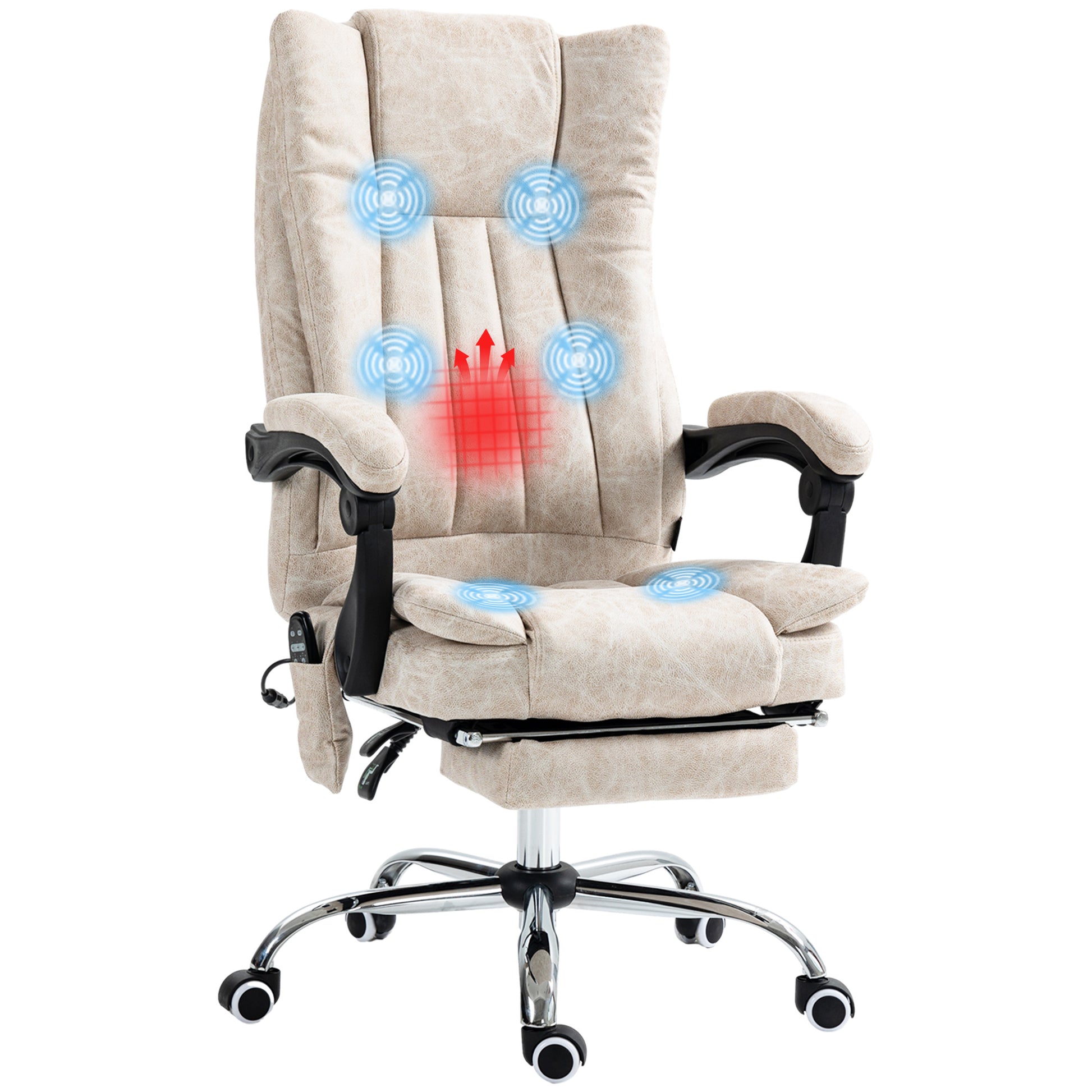 Vinsetto Microfiber Office Chair, High Back Computer Chair With 6 Point Massage, Heat, Adjustable Height And Retractable Footrest, Cream White Cream White Polyester