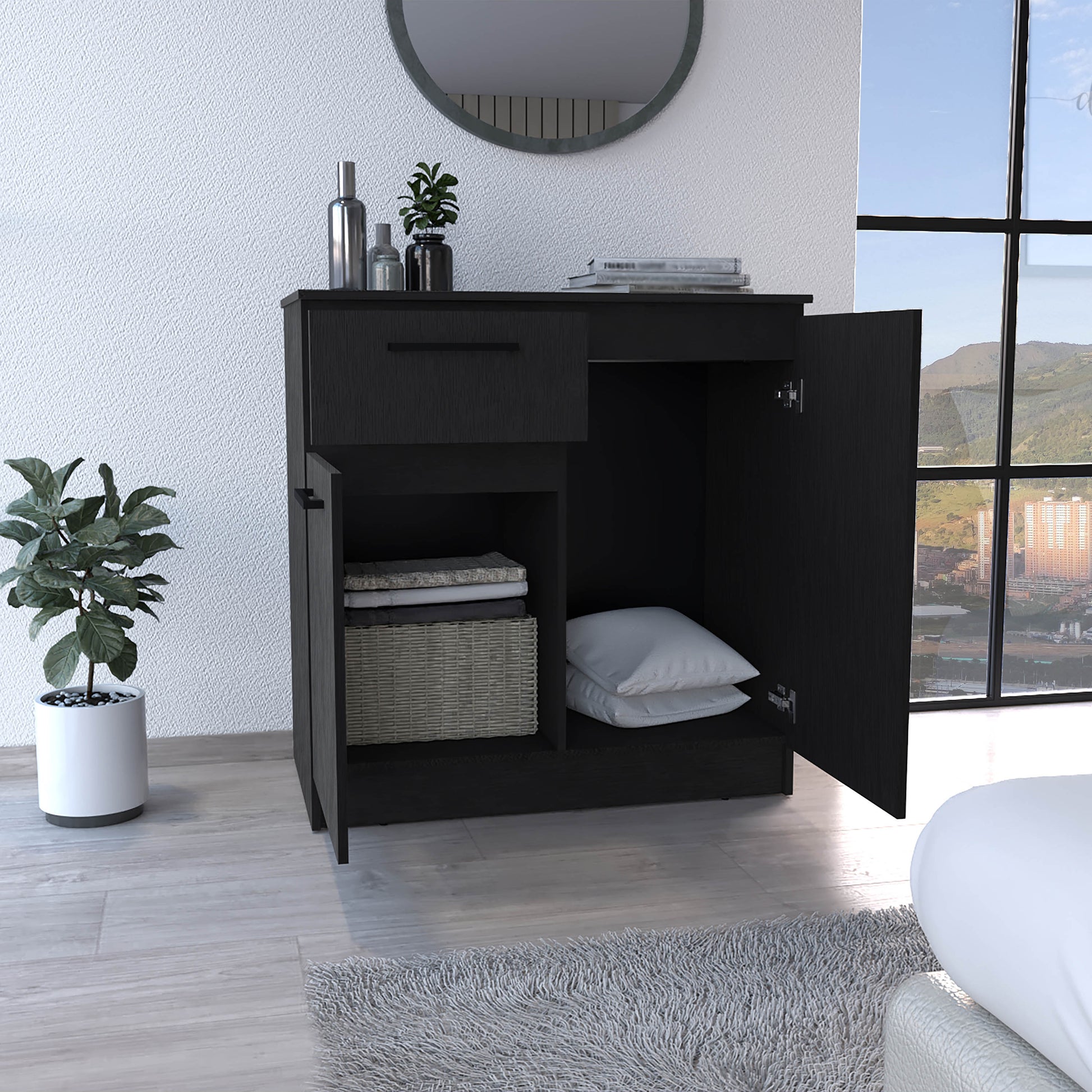 Dresser With 2 Door And Single Drawer, Black Black Solid Wood Mdf Engineered Wood