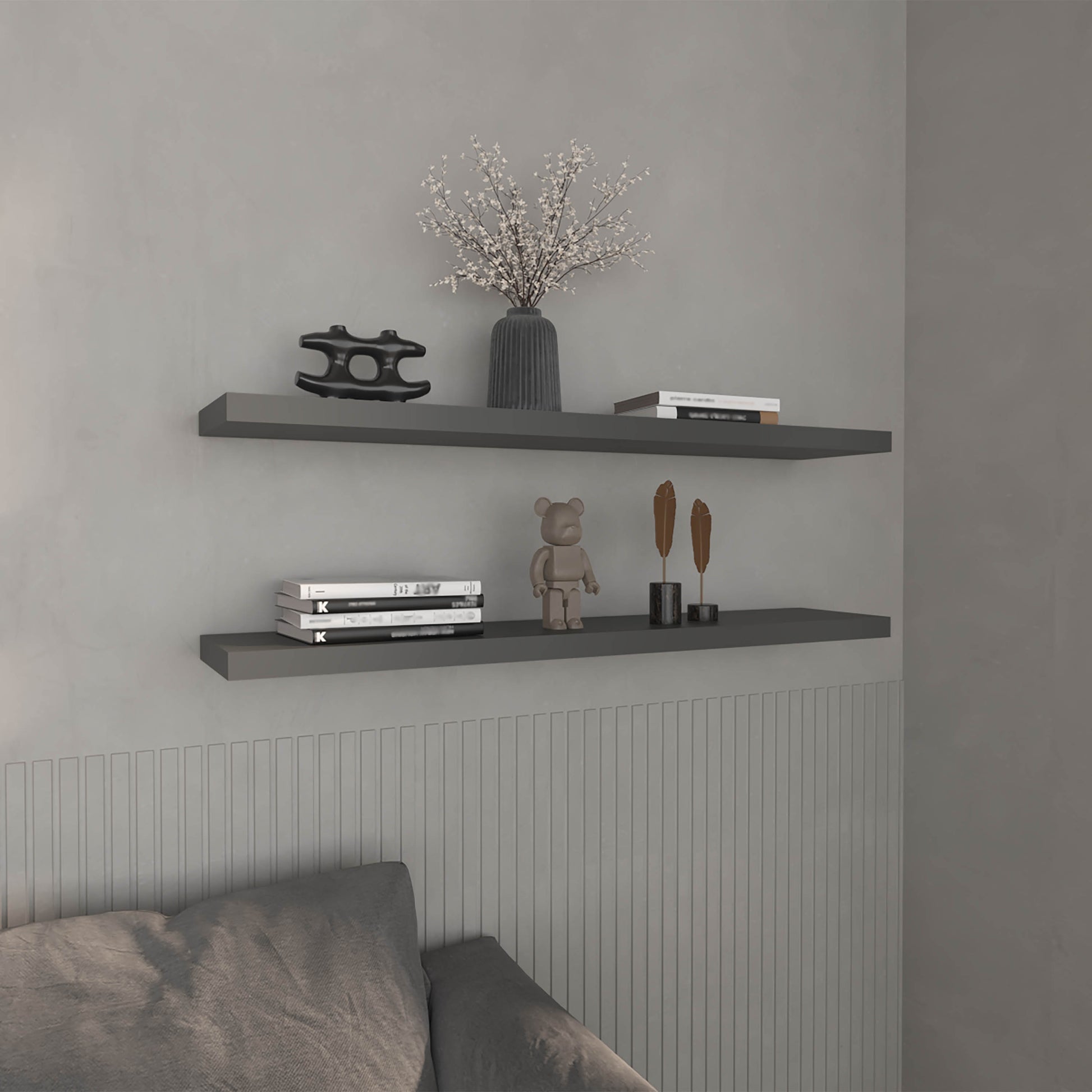 Floating Shelves 1.50" H, With 2 Shelf, Matt Gray Grey Solid Wood Mdf Engineered Wood
