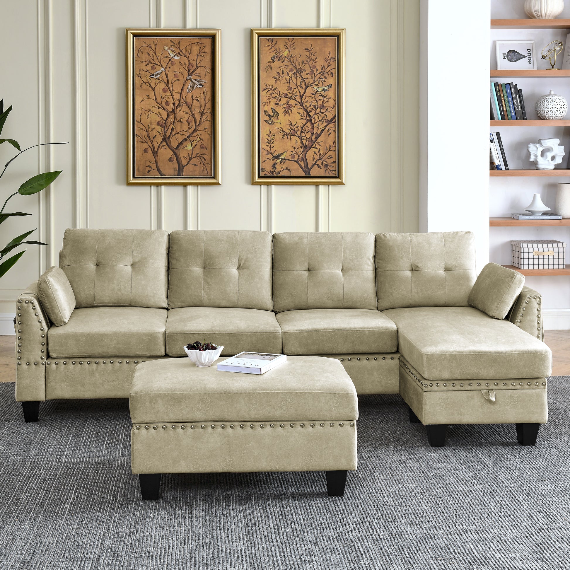 Sectional 3 Seaters Sofa ,Double Sided Multi Functional Footstool, Storage Matnon Slip Leg, Two Pillows, Velvet,Beige Beige Velvet 3 Seat