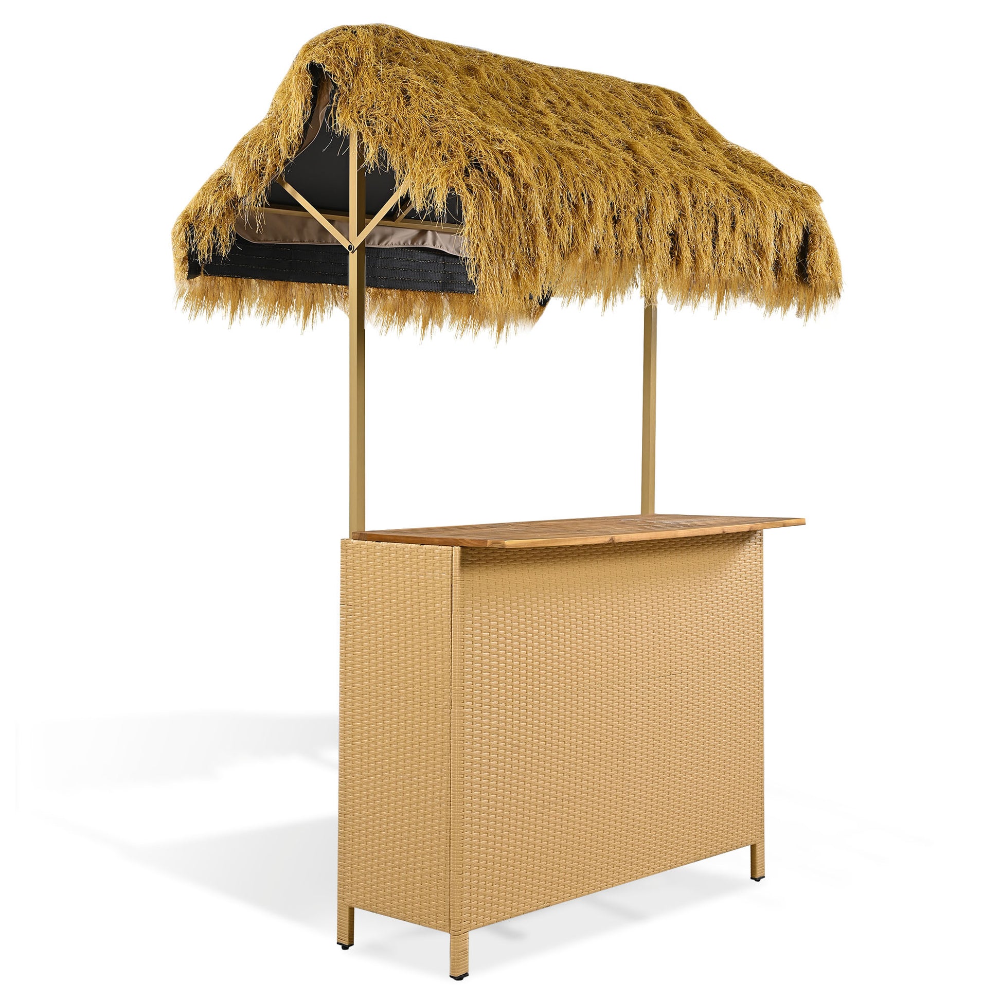 Hawaiian Style Bar Height Patio Set With Pe Grass Canopy, Outdoor Bar Table And Stools With Adjustable Feet, Acacia Wood Top, For Dining And Drinking, Natural Antique Natural Seats 2 Garden & Outdoor Wicker