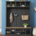 Farmhouse Wooden Style 78''H Modern Hall Tree With Wide Storage Seating Bench, Entryway Shoe Cabinet With 13 Compartments, Elegant Coat Rack With 6 Hooks For Mudroom, Living Room, Black Black Primary Living Space Particle Board