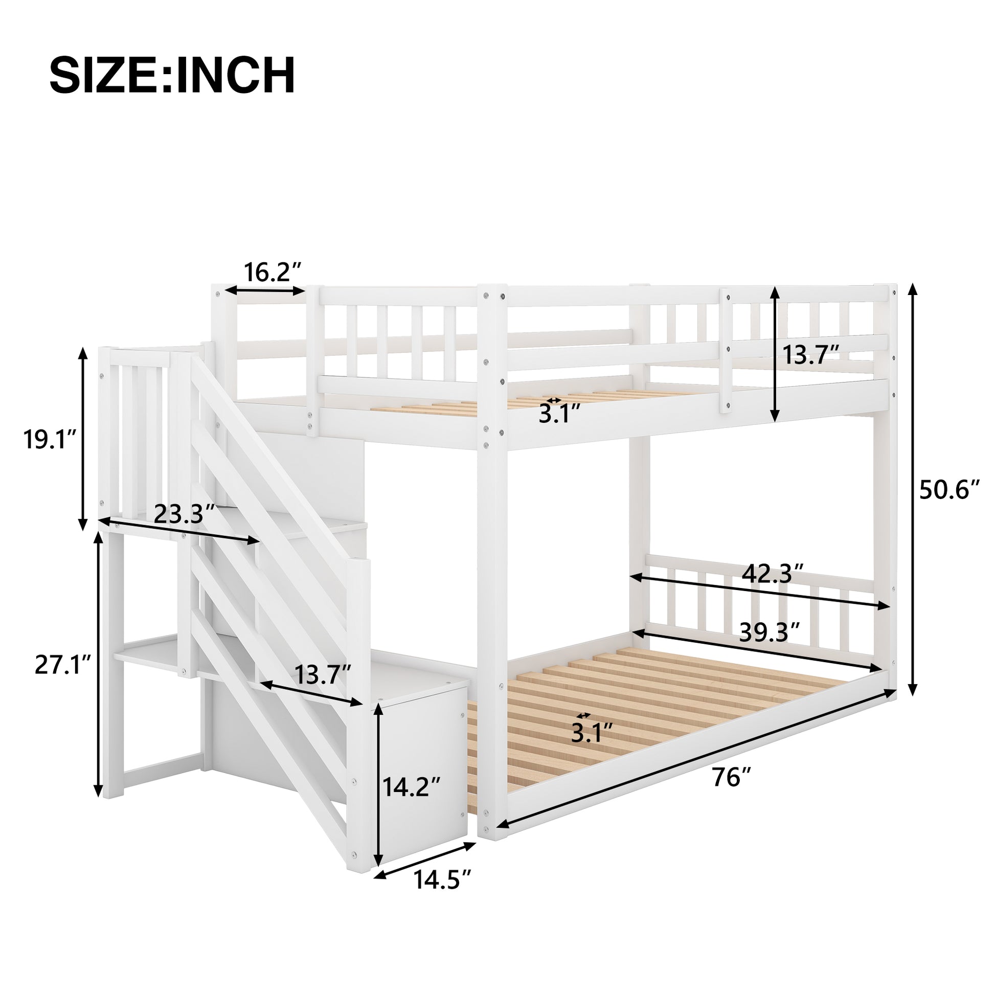 Twin Over Twin Floor Bunk Bed, Ladder With Storage, White Twin White Pine