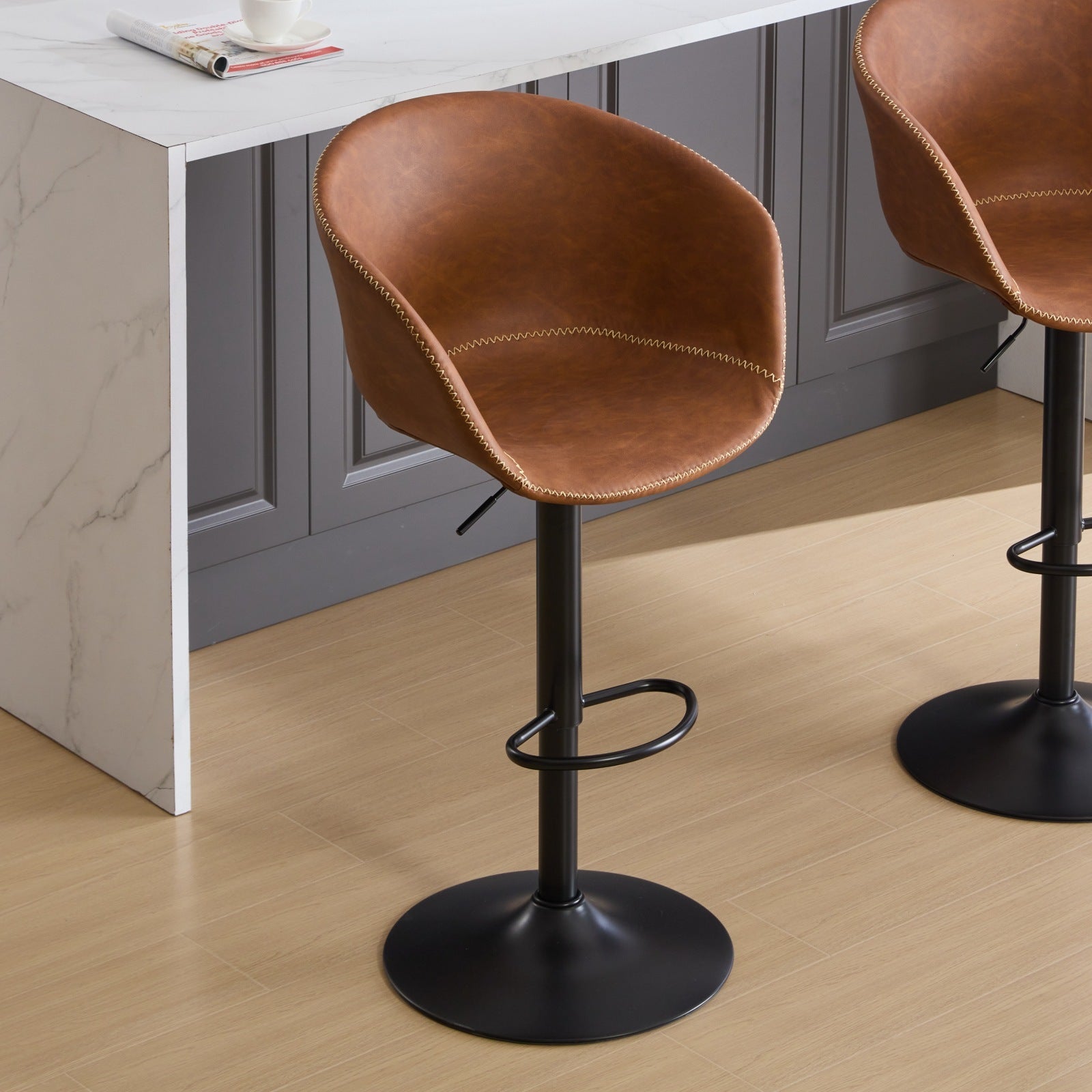 Adjustable Swivel Bar Stools, Mid Century Modern Pu Leather Upholstered Counter Height Bar Stool, Kitchen Island Barstools With Minimalism Style, 1 Chair 1Carton,Brown Brown Pu Mid Century Modern,Minimalist Bar Stools 1 Foam Pu Leather