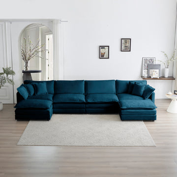 Comfort U Shaped Couch With Reversible Chaise, Modular Large U Shape Sectional Sofa, Double Extra Ottomans,Blue Chenille Blue Chenille 4 Seat