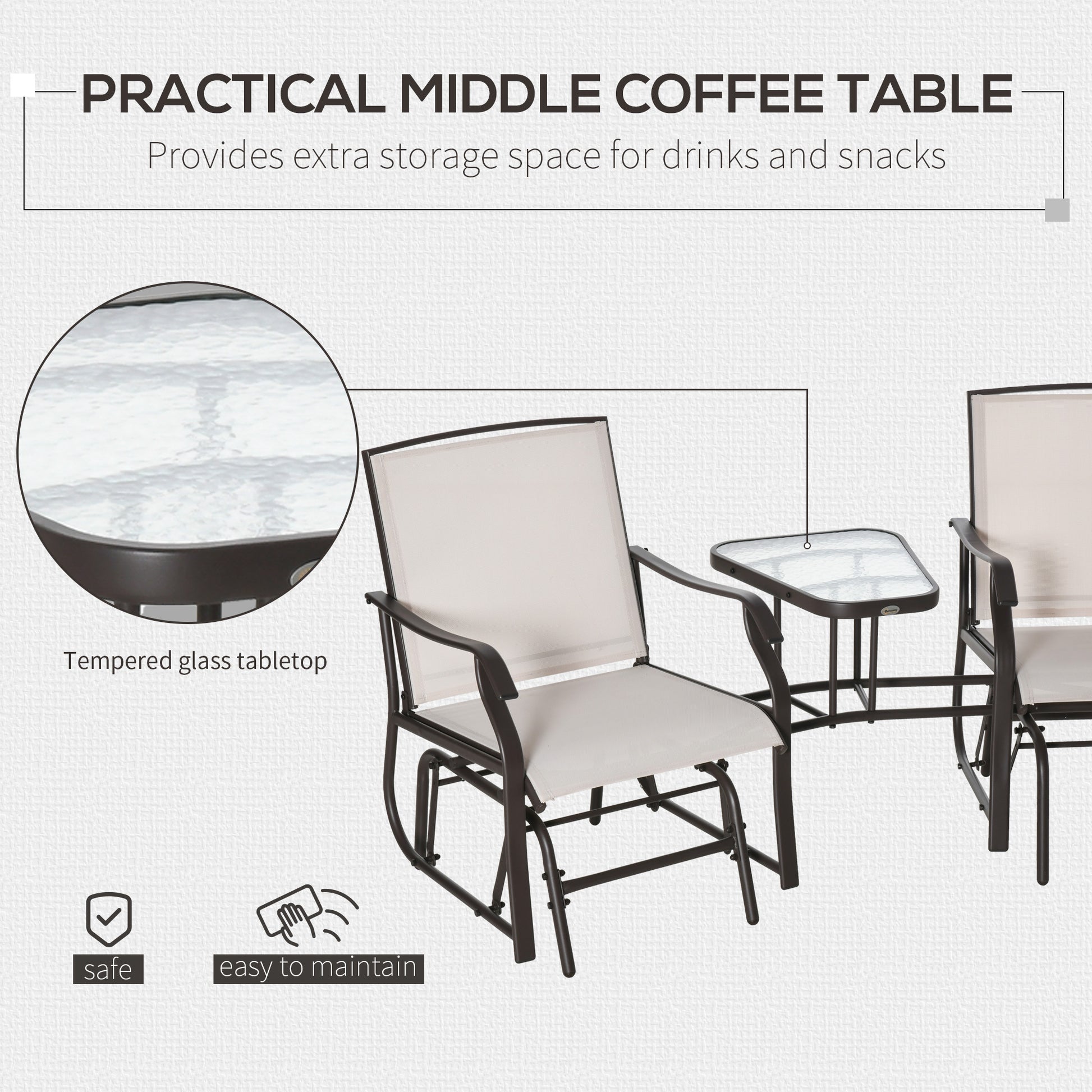 Outsunny Outdoor Glider Chairs With Coffee Table, Patio 2 Seat Rocking Chair Swing Loveseat Withsling For Backyard, Garden, And Porch, Beige Beige Fabric Metal